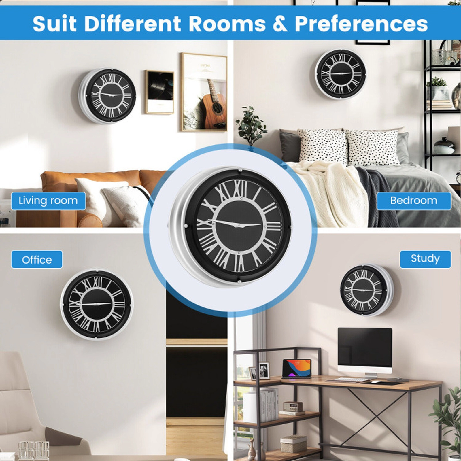 SUGIFT 17.5-in Non-Ticking Quartz Stainless Steel Frame Silent Wall Clock 5.5-in Deep 6.5-lb 1 AA Battery Silver