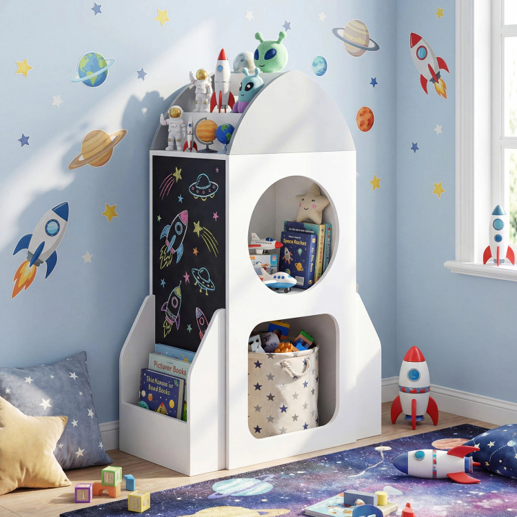 Hivvago 3-Tier Kids Bookshelf Rocket Space Theme Toddler Toy Storage Organizer