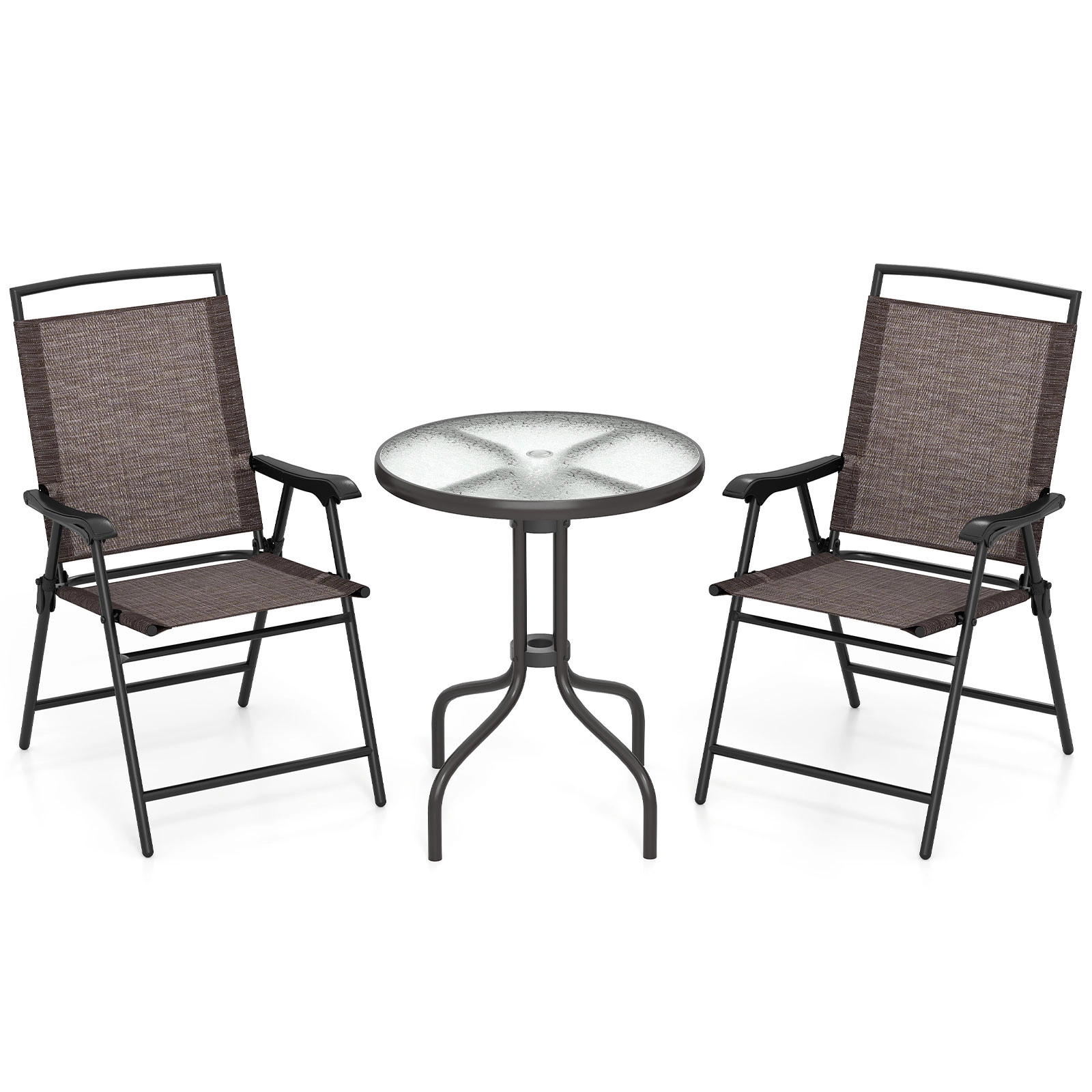 LJG 3 Pieces Patio Round Table and Folding Chairs Set with Rippled Tempered Glass Tabletop