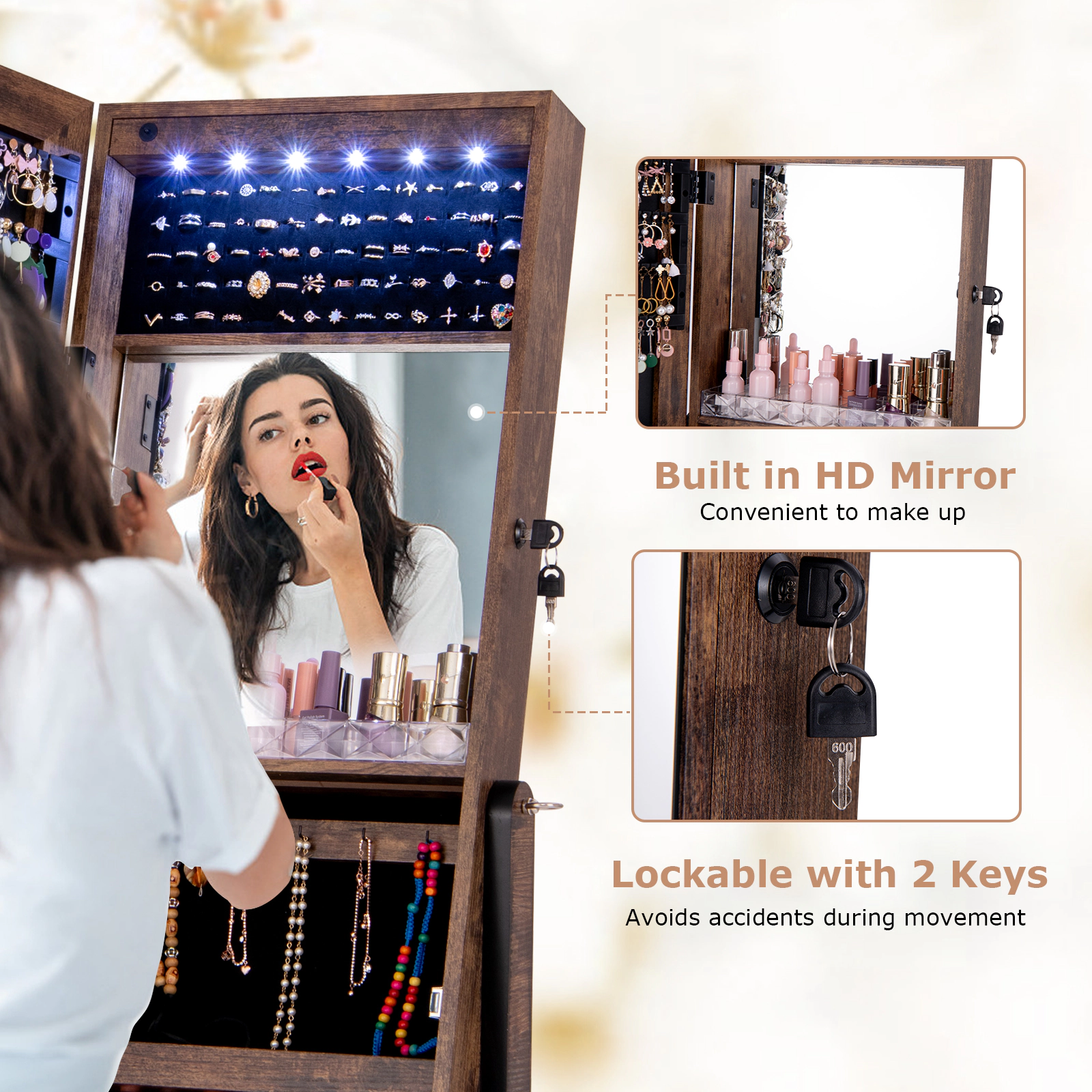 SUGIFT Free Standing Full Length Jewelry Armoire with LED Lights and Locking Full-Body Mirror Rustic Brown