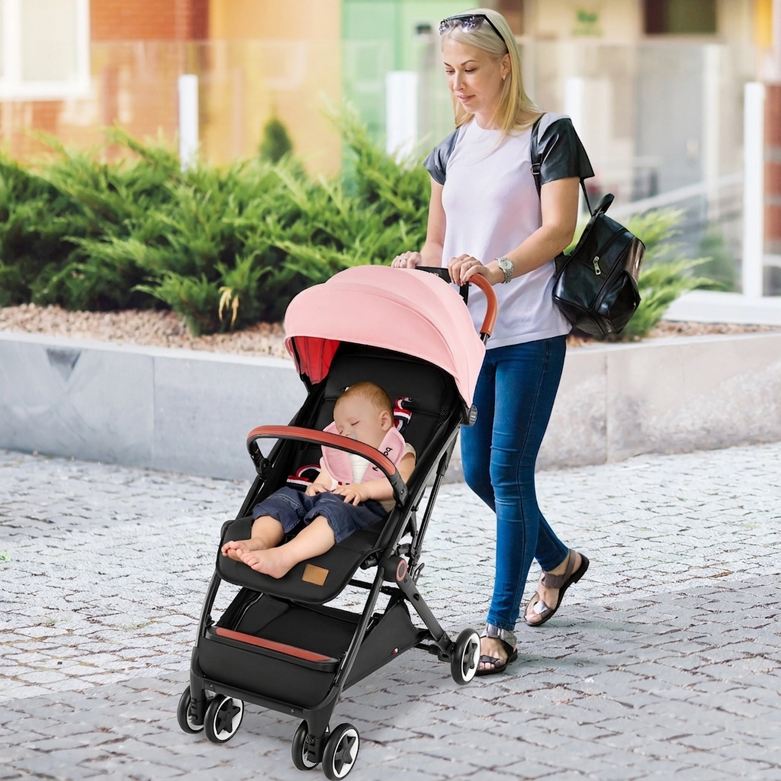 SUGIFT Pink 33-lb Capacity Lightweight Aluminum Baby Stroller with Padded Seat and Detachable Armrest
