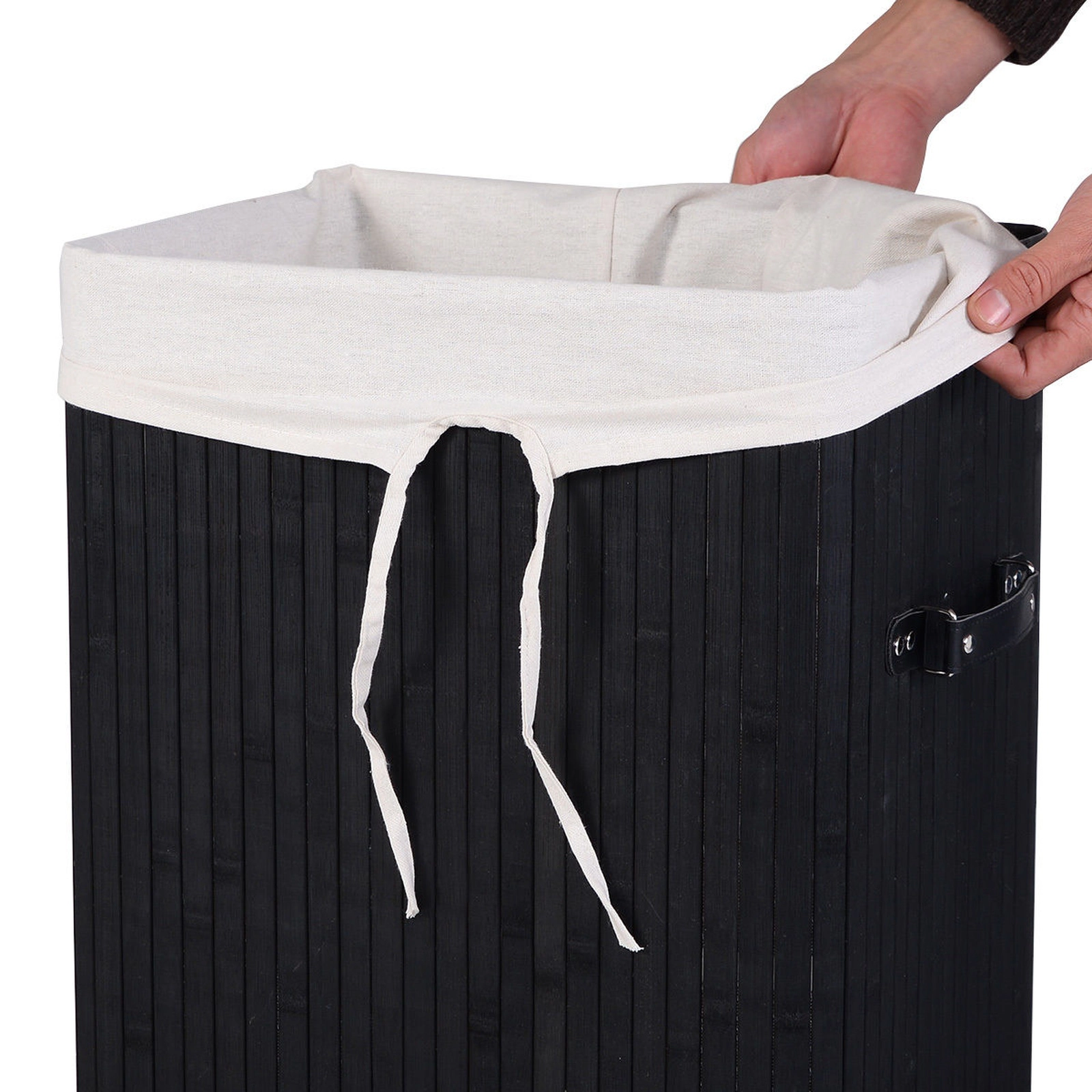 SUGIFT Rectangular Bamboo Laundry Hamper Black 72 L with Removable Cotton Bag and Lid