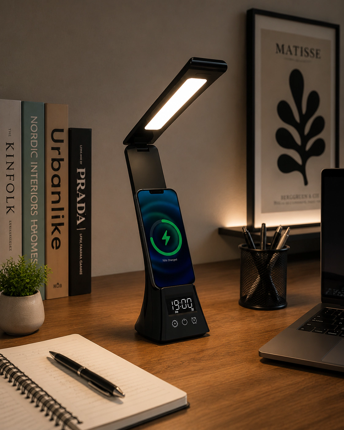 Pursonic Unisex 3-in-1 LED Desk Lamp with Wireless Charger and Alarm Clock – Sleek, Smart, and Space-Saving