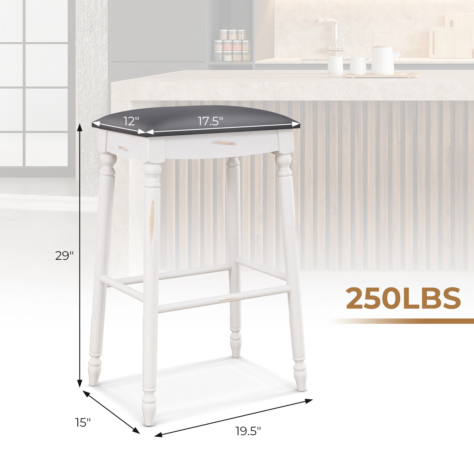 Glintex 2-Piece 29-Inch Backless Bar Stool Set with Antiqued Wood Legs, Gray + Antique White