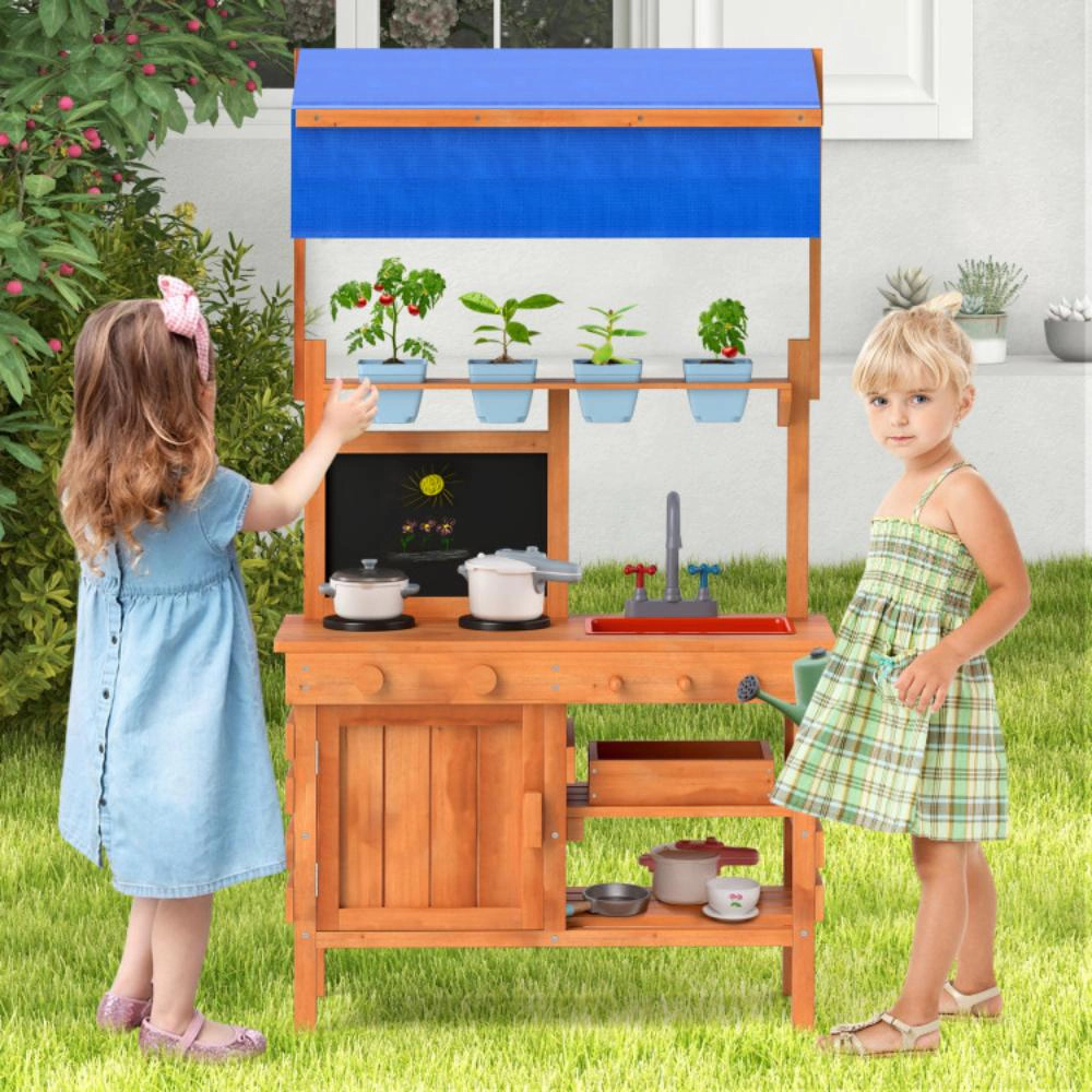 Hivvago Wooden Pretend Play Kitchen with Height Adjustable Canopy for Kids-Natural