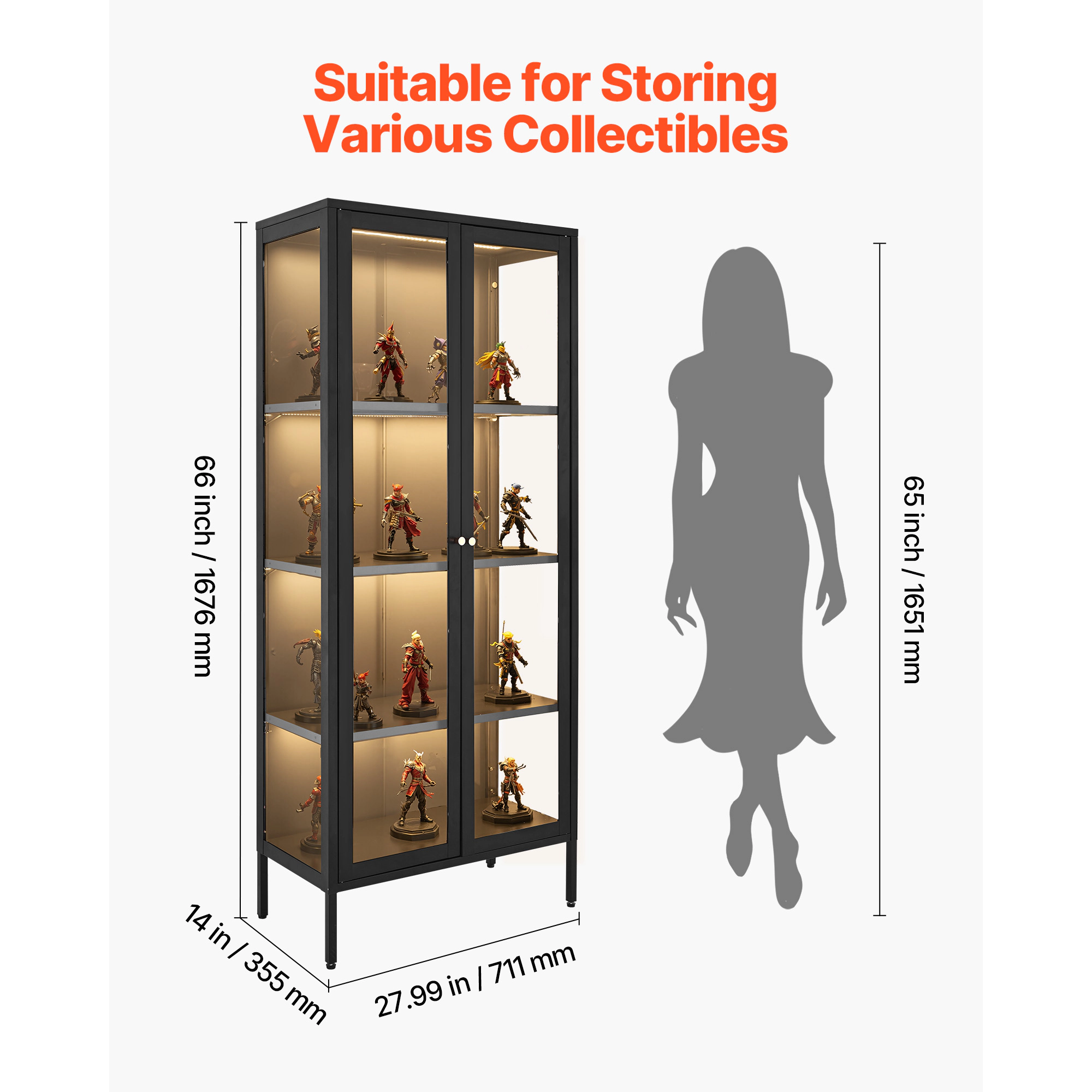 HONGGE Display Cabinet with Glass, 4-Tier Display Case, Storage Cabinet with Adjustable Shelves for Collectibles