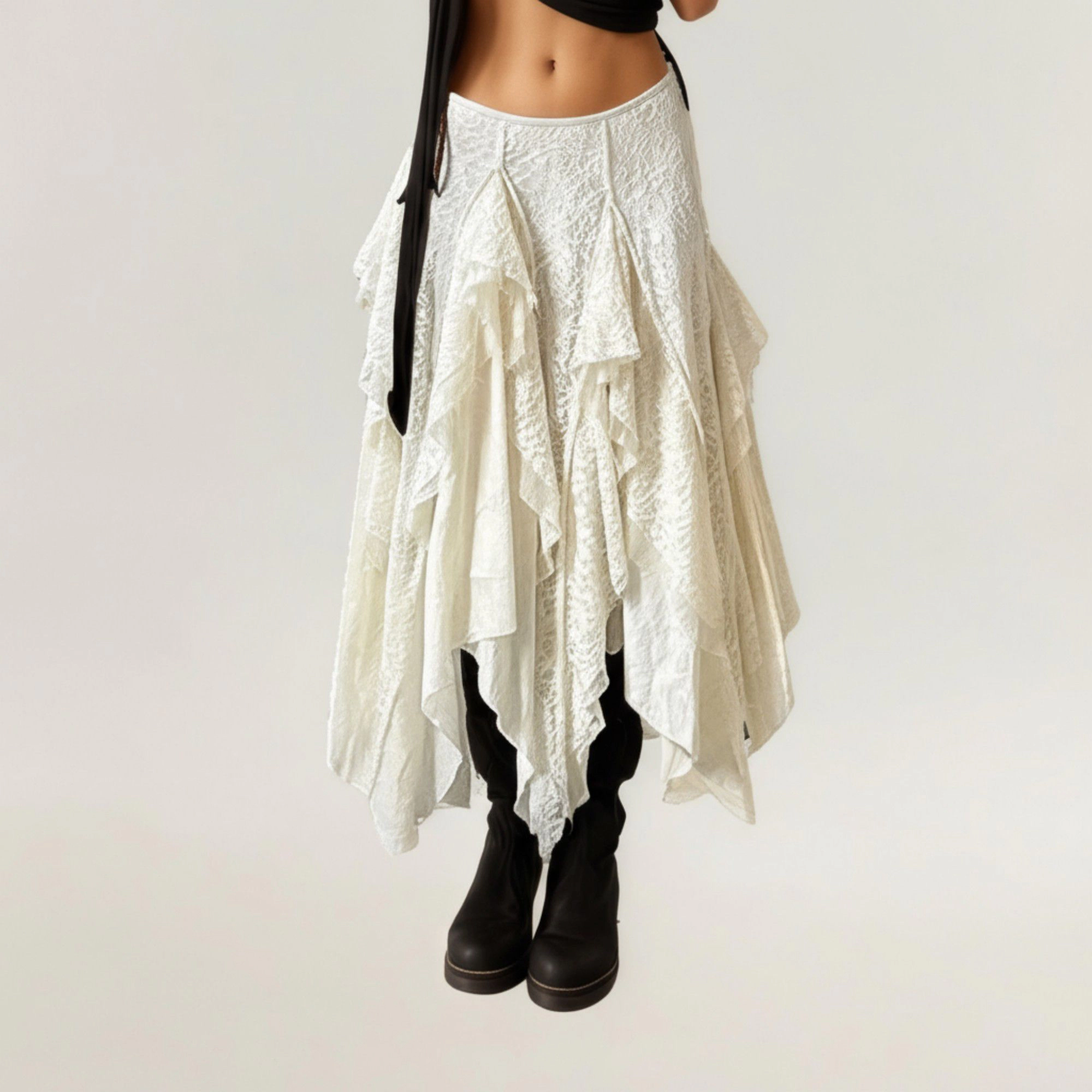 Anna-Kaci Women's Asymmetrical Layered Lace Ruffle Maxi Skirt