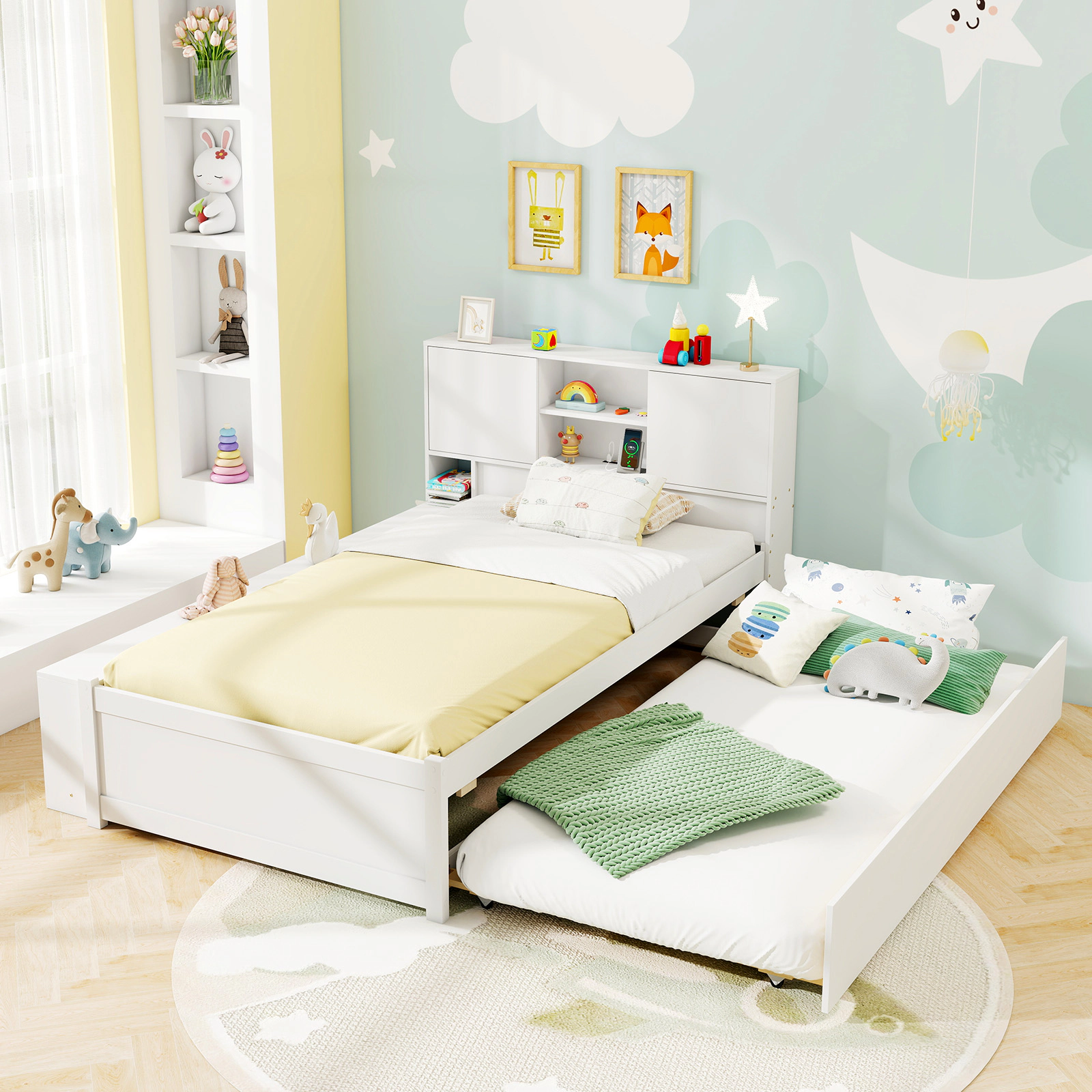 Twin Size Bed Frame with Trundle and Power Outlets Solid Wood Kids Bed with Storage Headboard Bedside Shelves White