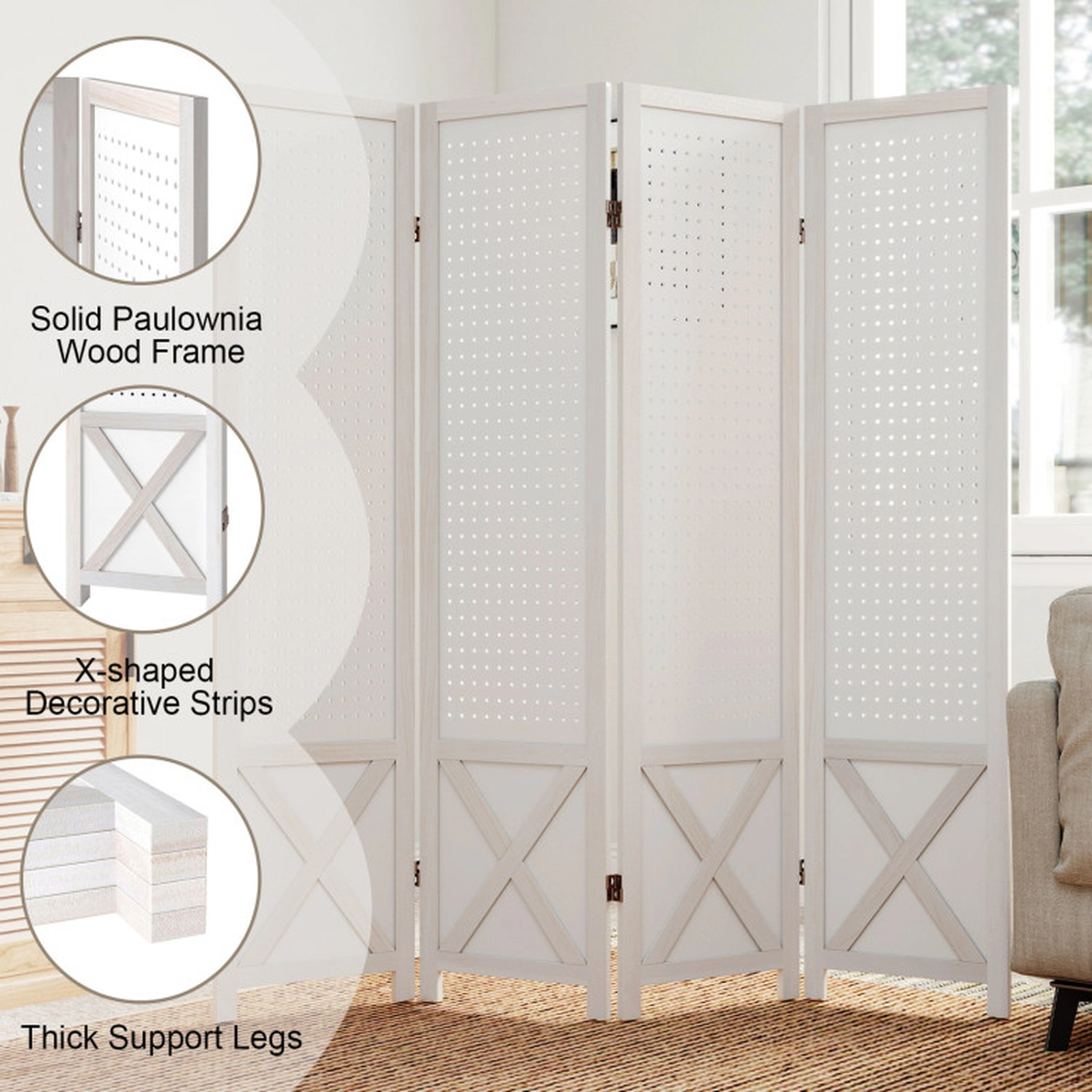 SUGIFT 4-Panel Pegboard Room Divider Shelving Unit 67-in Tall Privacy Screen 64-in Wide White Paulownia Wood MDF