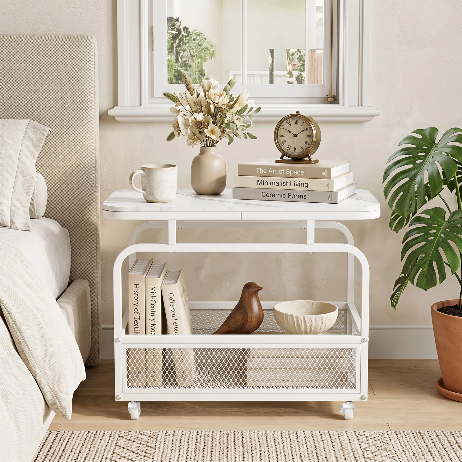 Glintex Rolling Narrow Side Table with Faux Marble Top and Mesh Storage Basket, White