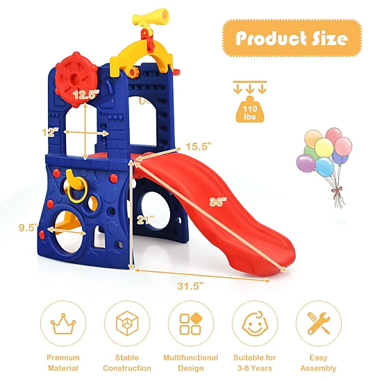 LJG 6-in-1 Freestanding Kids Slide with Basketball Hoop and Ring Toss
