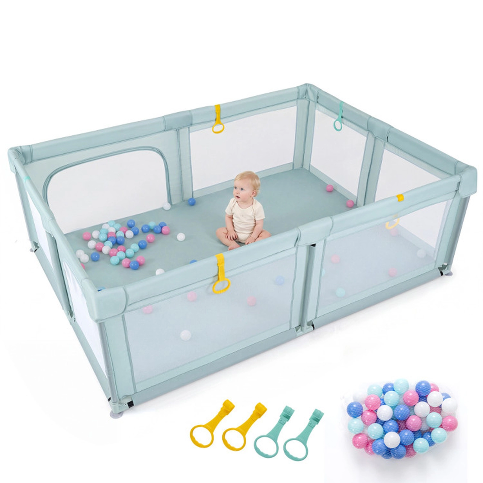 SUGIFT Baby Playpen with 50 Ocean Spheres Breathable Mesh Zippered Door Baby Playard Ages 10 Months-6 Years Blue