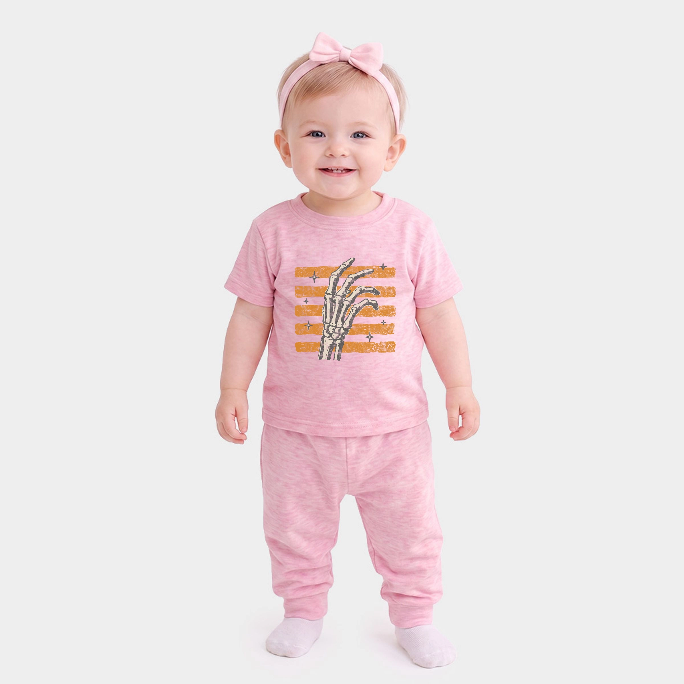 The Juniper Shop - Infant Jogger Pant Crew Set Skeleton Hand Orange Stripes