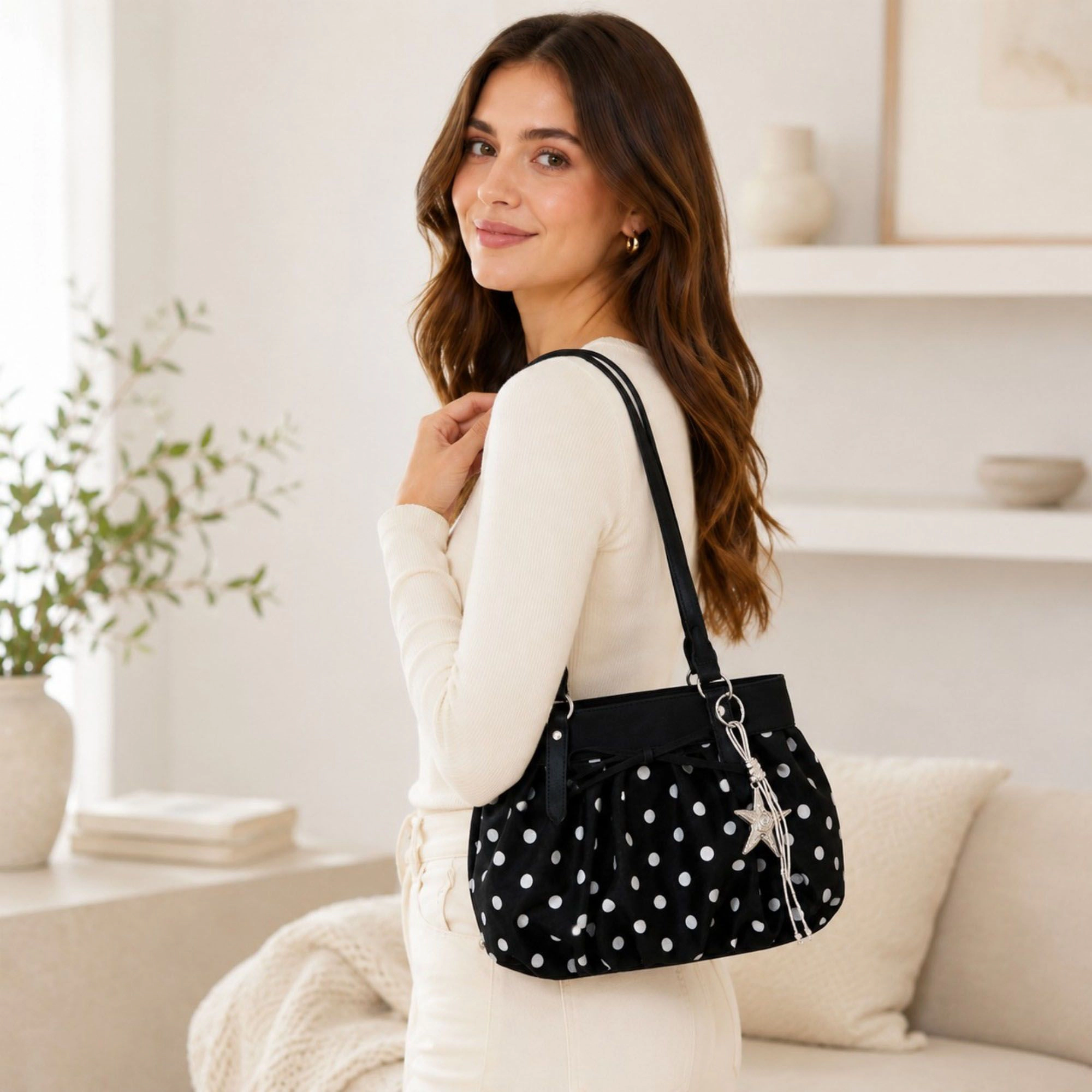 Alilang Women's Polka Dot Ruched Shoulder Bag with Bow Detail and Metal Charm