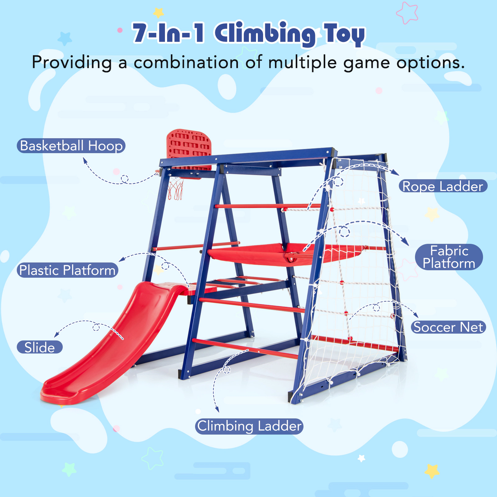 SUGIFT 7-in-1 Metal Toddler Climbing Playset with Slide and Fabric Platform 265-lb Capacity for Ages 3-7 Red Blue