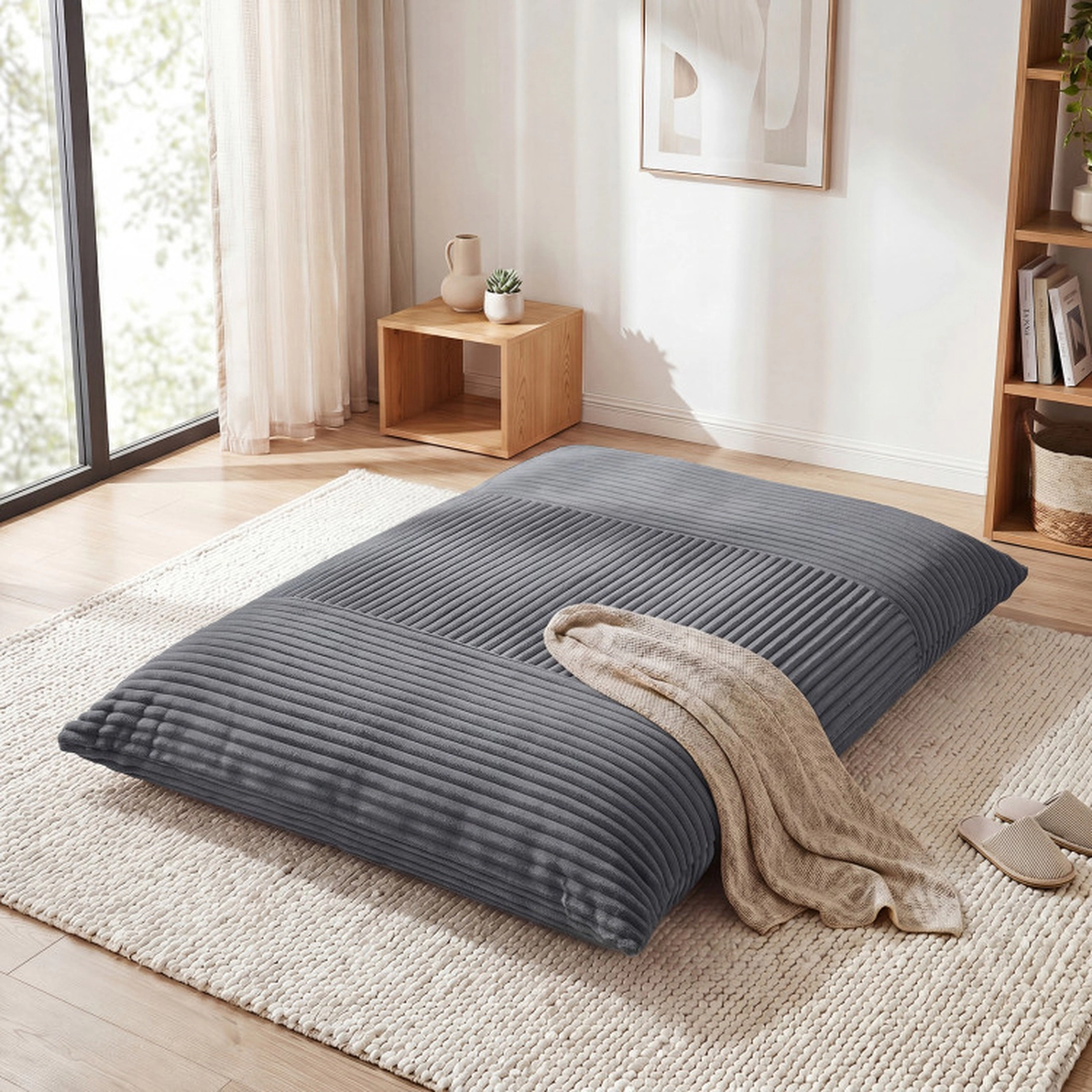 SUGIFT 3-in-1 Gray Corduroy Bean Bag Chair, Sofa and Bed, 73 x 53 in