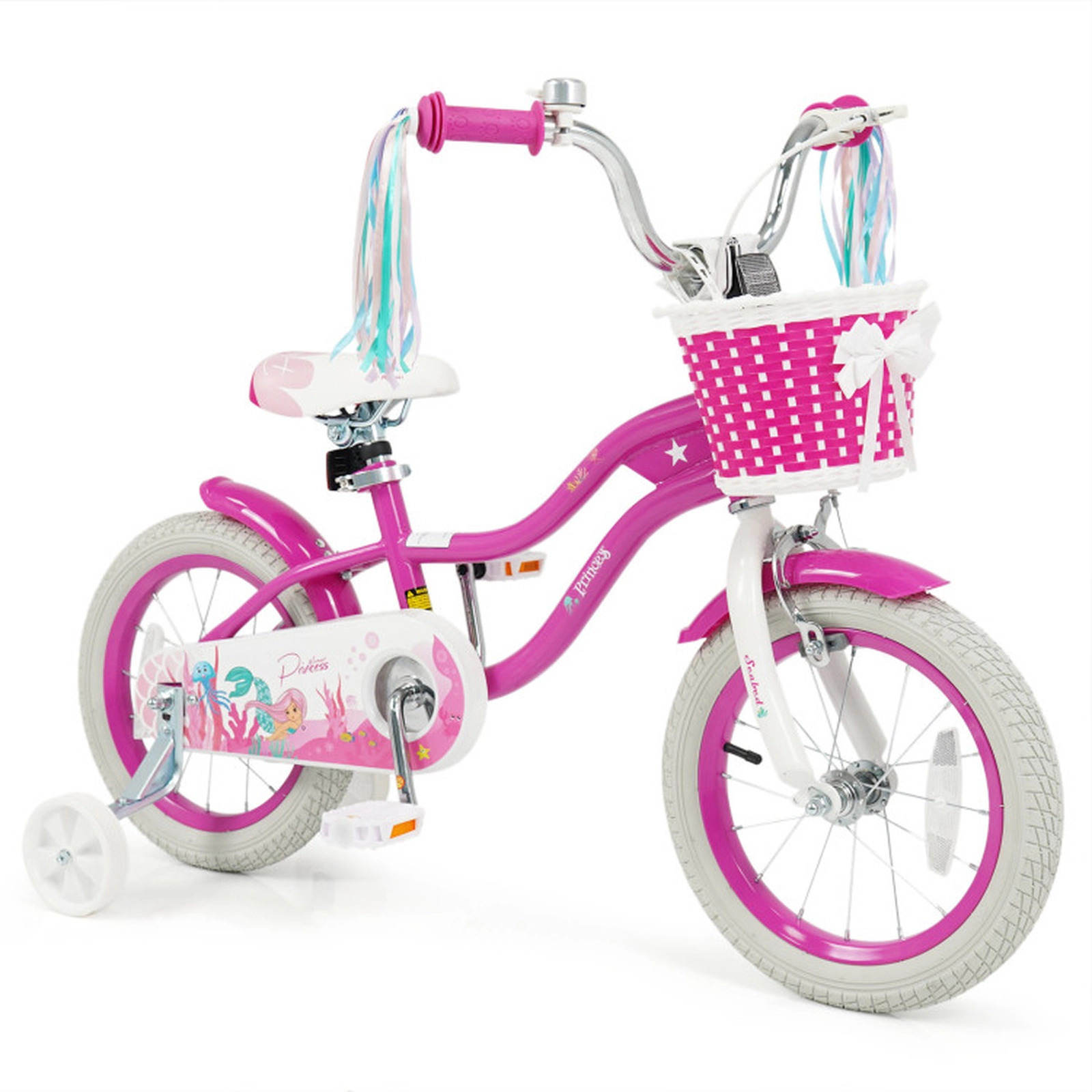 SUGIFT Rose Red Training Wheels Storage Basket Streamers and Mermaid Graphics Girls Bike