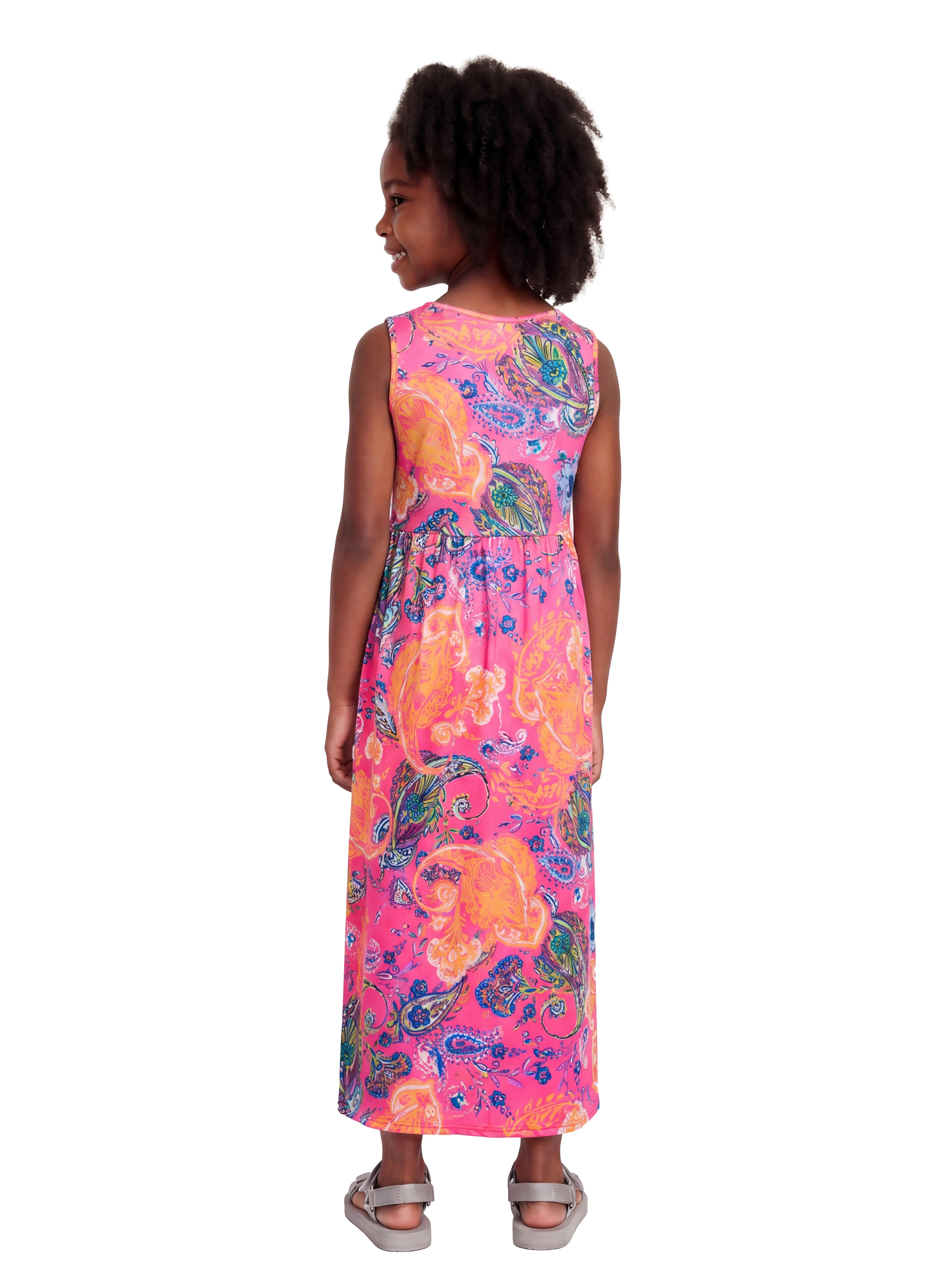 24sevenKid Essential Girls Pink Paisley Print Sleeveless Maxi Pocket Dress
