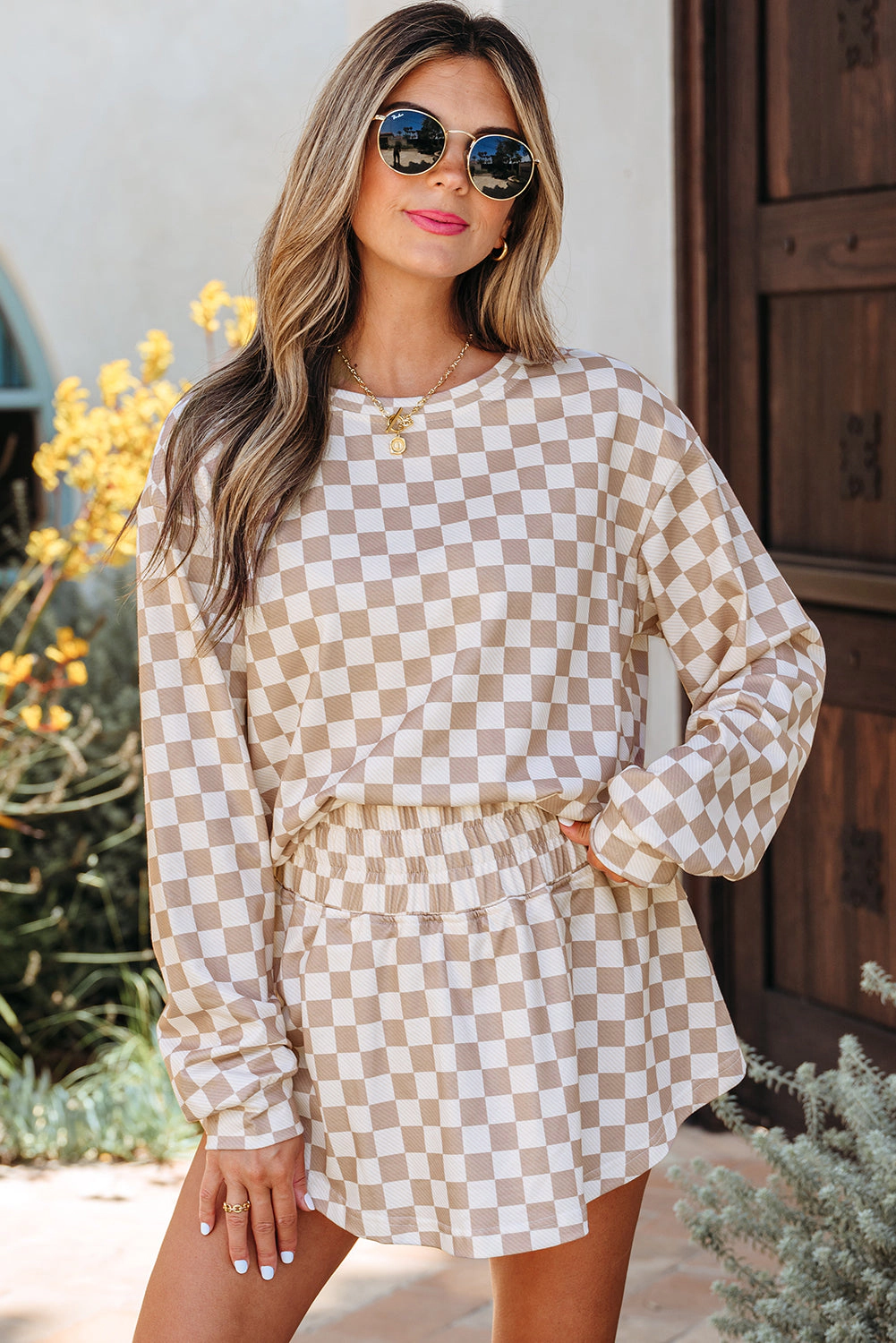 Threaded Pear Women's Emily Checkered Long Sleeve High Waist Skort 2pcs Set