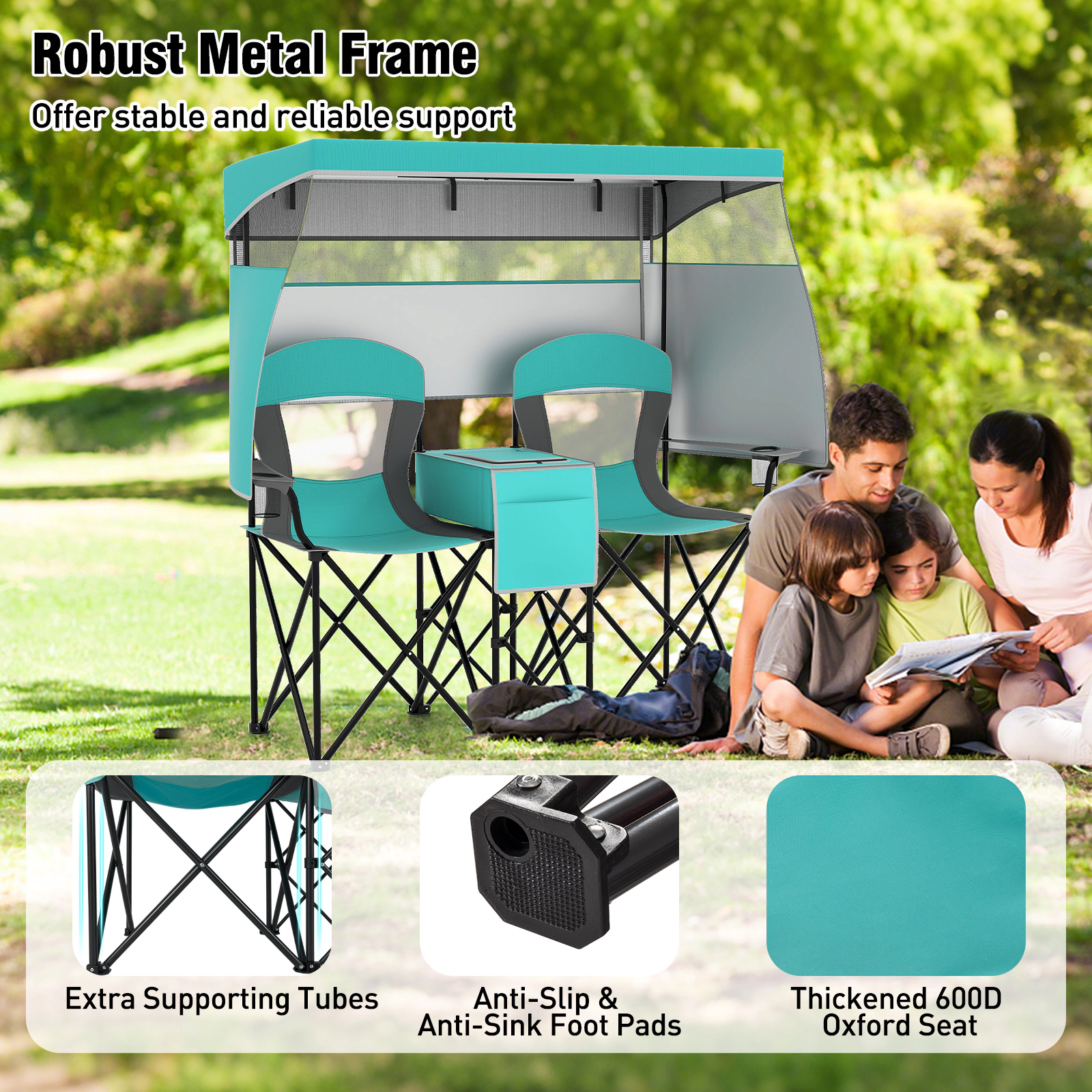 SUGIFT Double Beach Chair Turquoise with Adjustable Canopy and 3 Side Shading Curtains