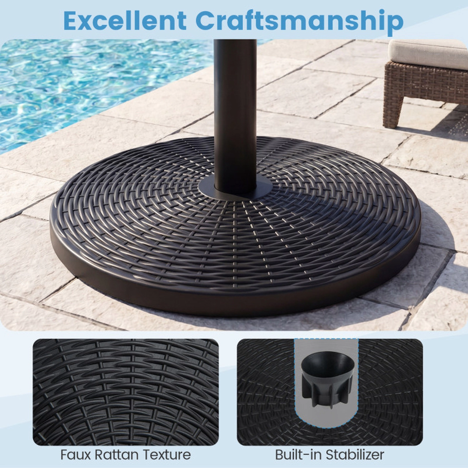 SUGIFT Black Faux Rattan Pattern 21-lb Stand Concrete Filled Patio Umbrella Base