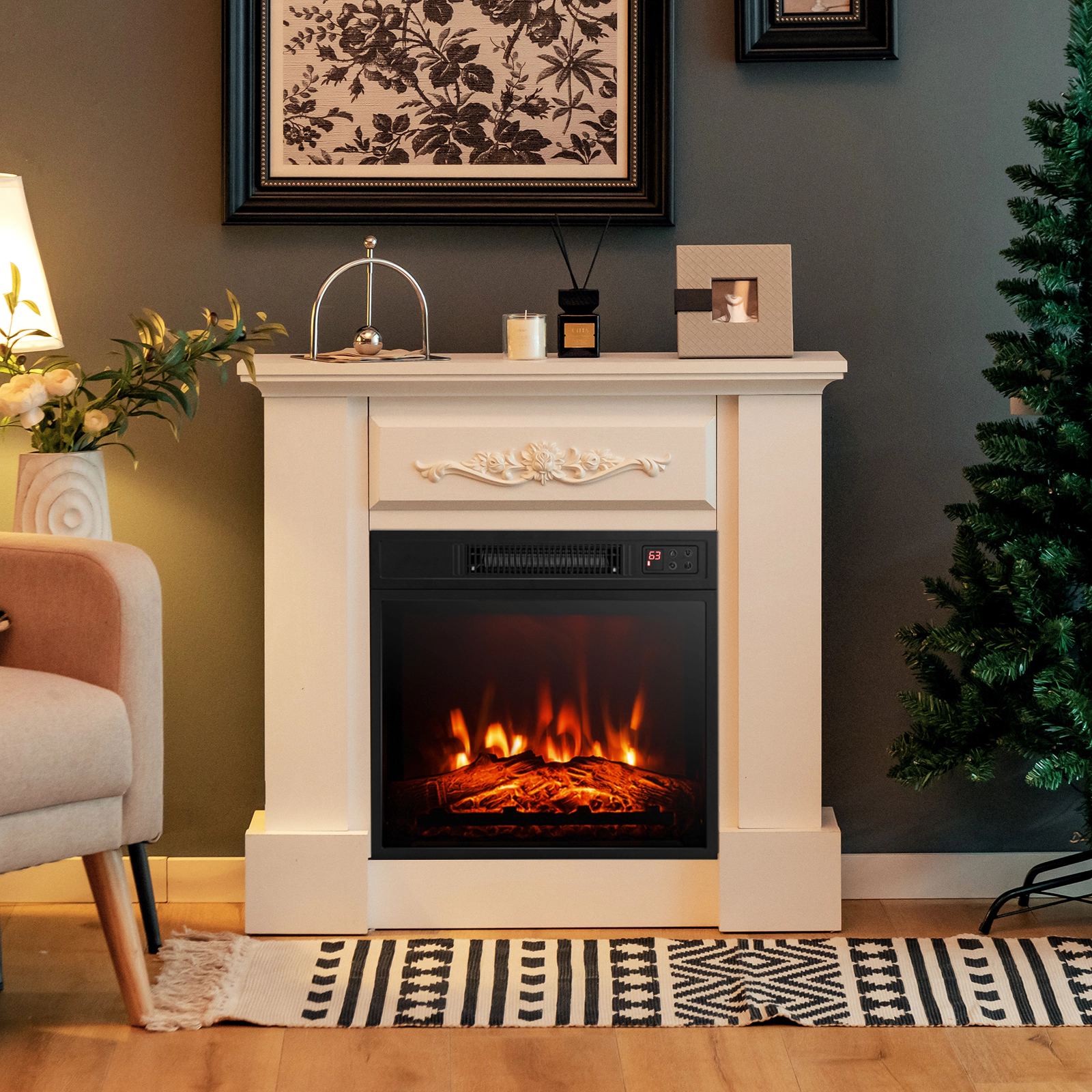 SUGIFT 1400W 4650-BTU White TV Stand Electric Fireplace Mantel with 3D Flame Effect and Anti-Tipping Device