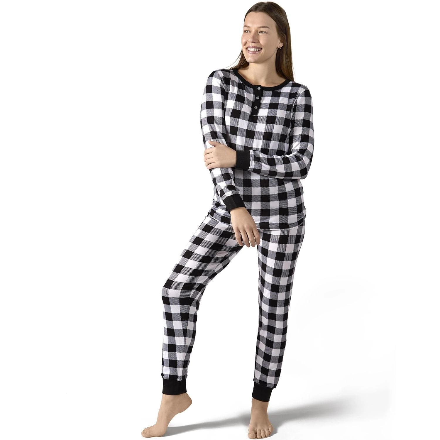 MeMoi Women's Henley Buffalo Plaid Long Sleeve Pajama Set