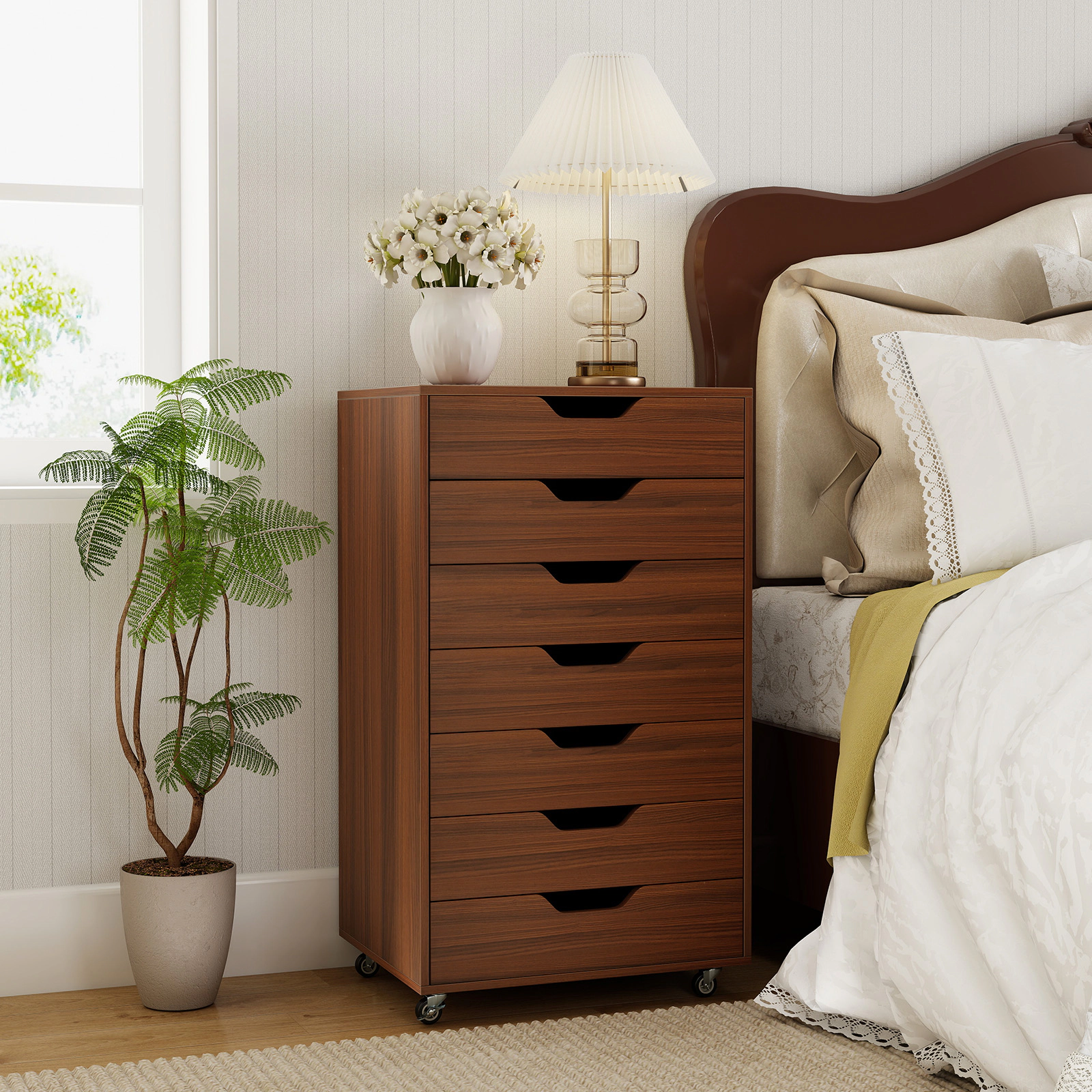 SUGIFT 7-Drawer MDF Engineered Wood Storage Chest with Lockable Wheels 120-lb Capacity Walnut