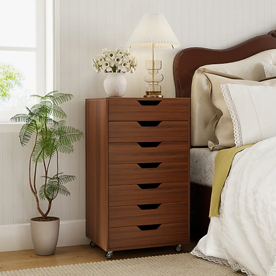 SUGIFT 7-Drawer MDF Engineered Wood Storage Chest with Lockable Wheels 120-lb Capacity Walnut