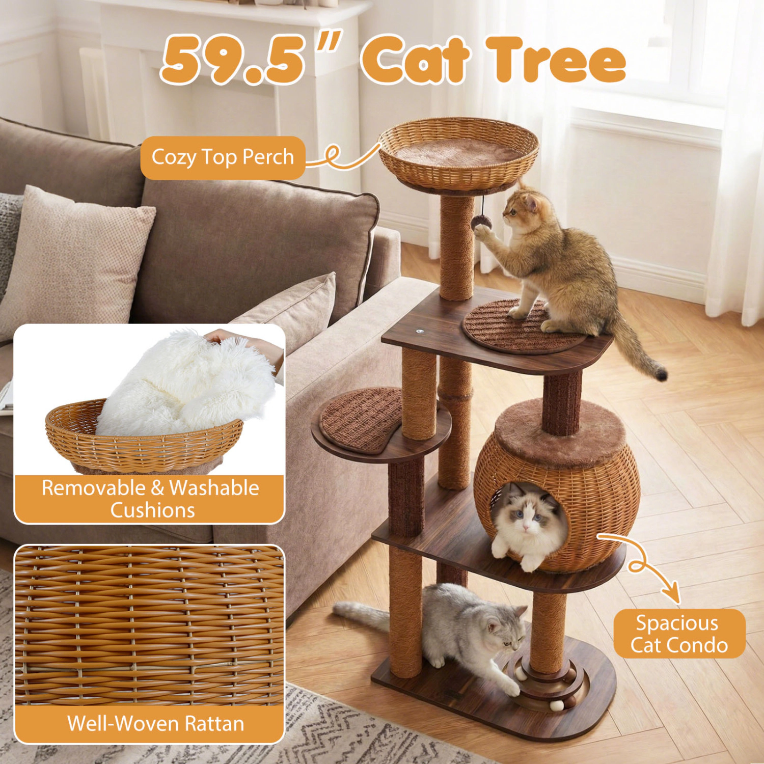 SlickBlue Unisex 59.5 Inch Multi Level Cat Tree with Rattan Condo