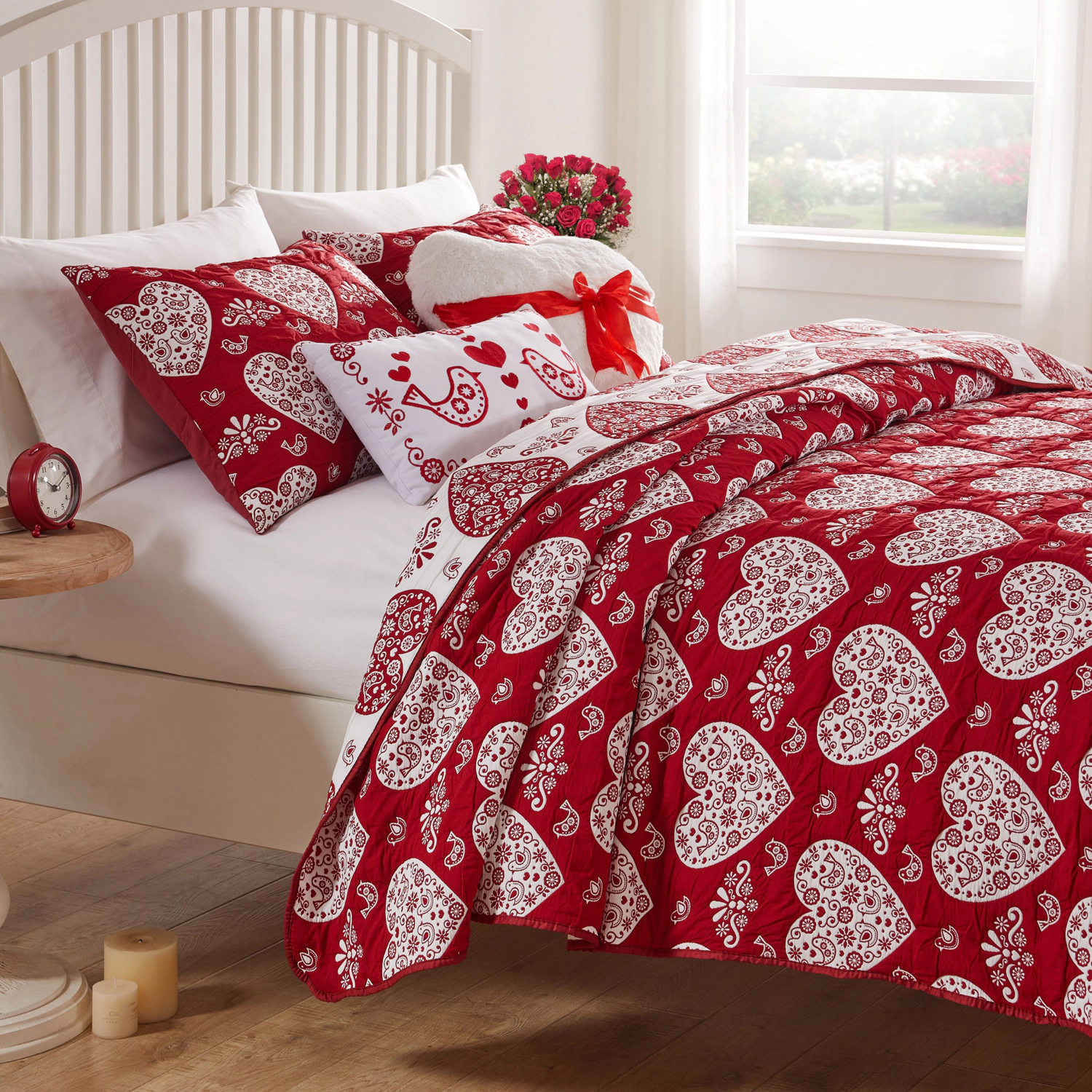 Greenland Home Fashion Lovebirds 100% Polyester Jacquard Coverlet Set 2-Piece Twin/XL Red