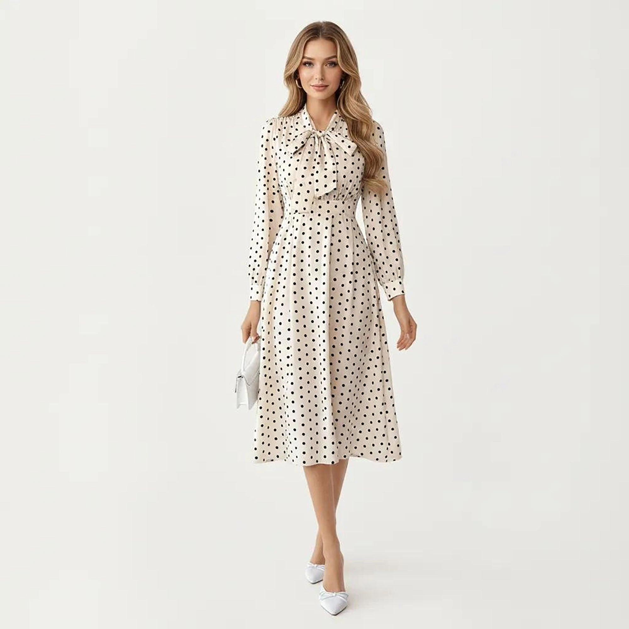 Anna-Kaci Womens Polka Dot Bow Tie V-Neck Midi Dress