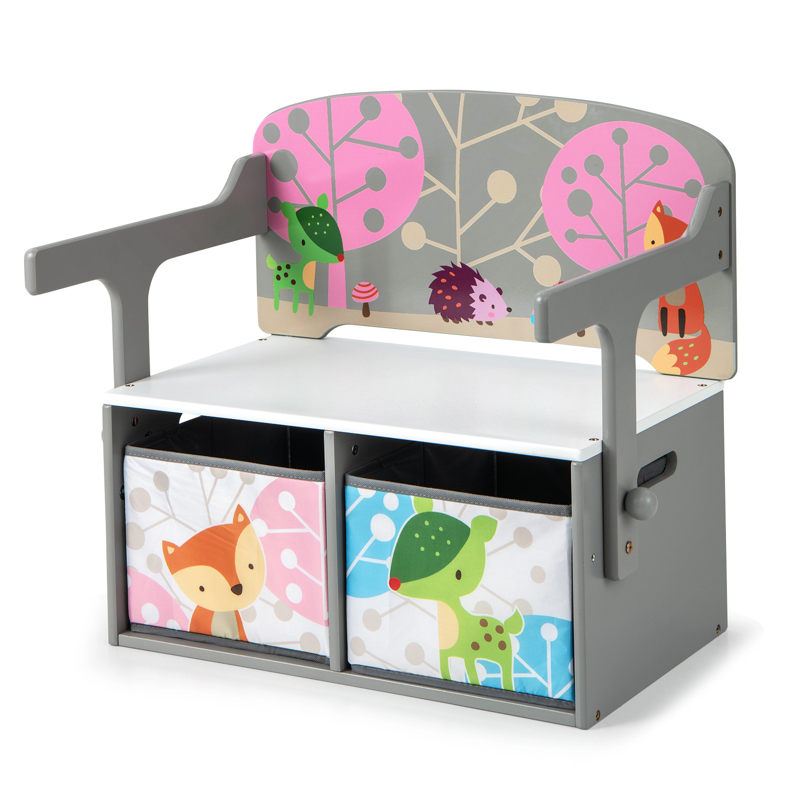 SUGIFT 3-in-1 Kids Convertible Activity Bench Table and Chair Set with Storage 132-lb Seat Capacity Gray/White