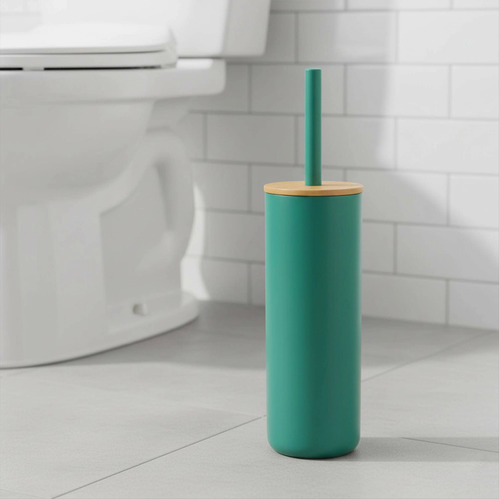 Evideco French Home Goods Padang Toilet Brush and Holder Set - 2-Piece, Bamboo Collar, Matte Cylinder
