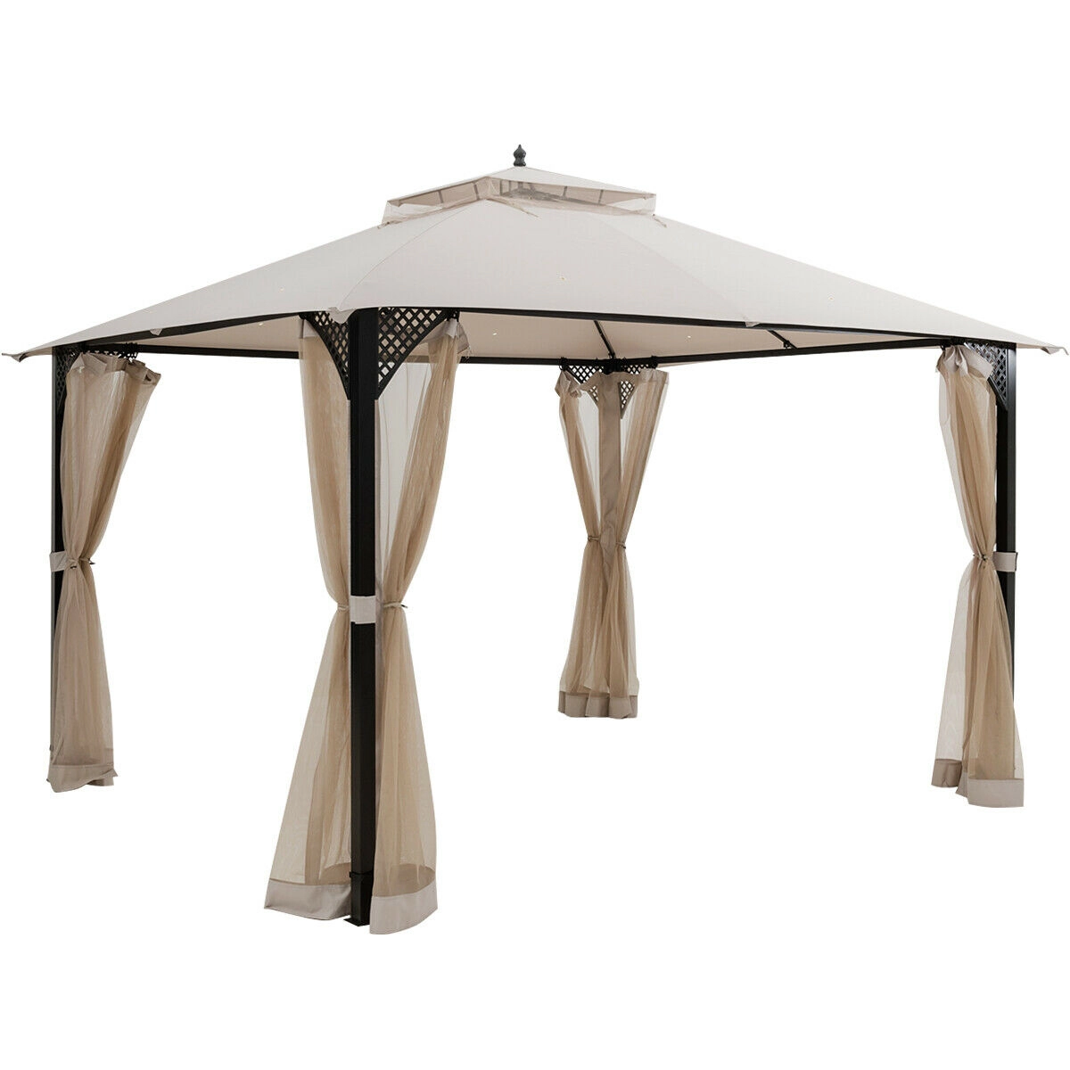 SUGIFT Beige Steel Frame and 8 Ground Stakes 12 x 10 ft Outdoor Double Top Patio Gazebo
