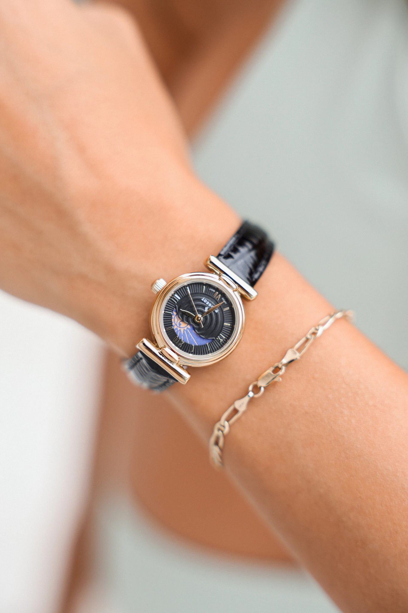 Peugeot Women's Petite 25mm Sun-Moon Watch with Glossy Leather Strap
