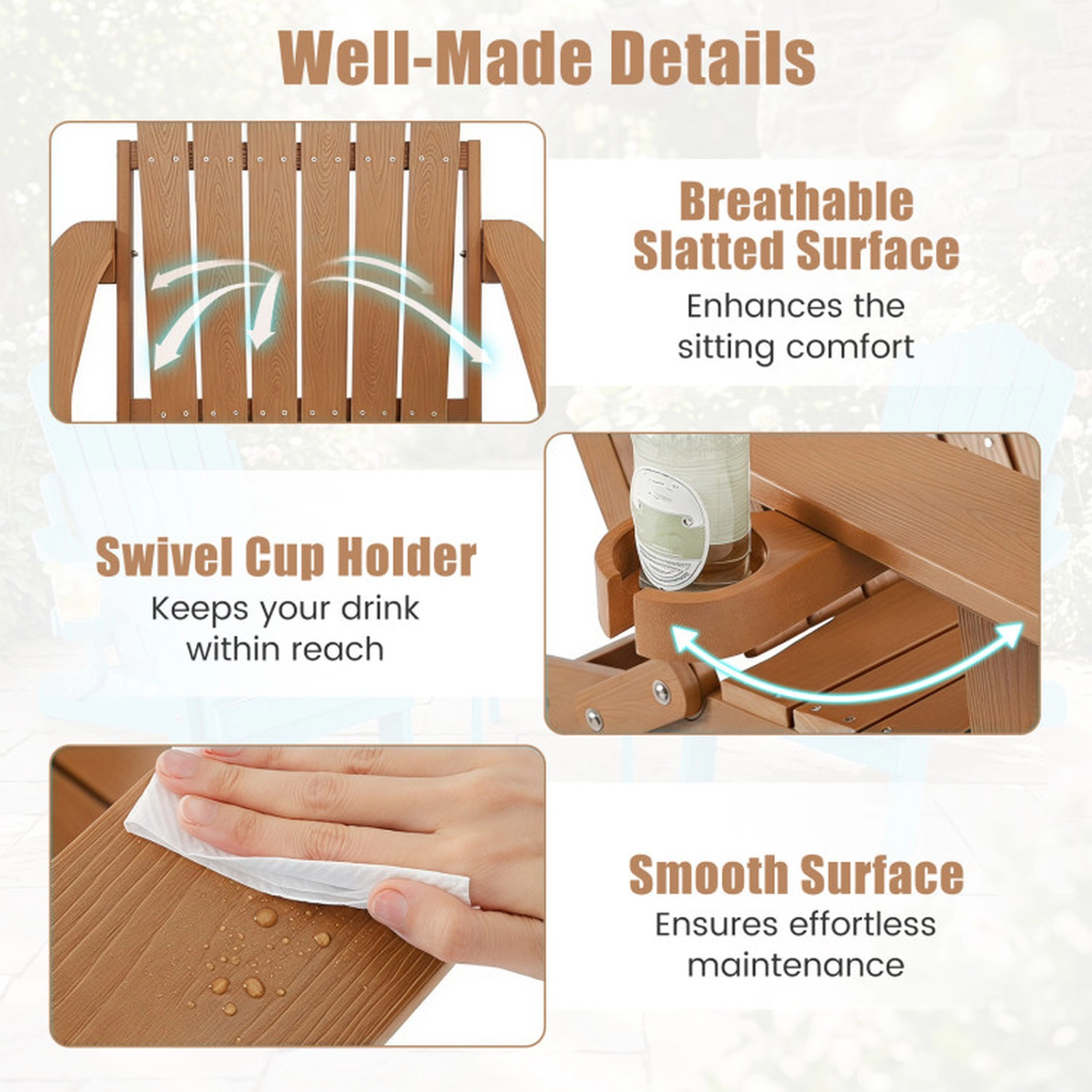 SUGIFT Coffee Cup Holder and 5-Level Backrest Outdoor Folding Adirondack Chair