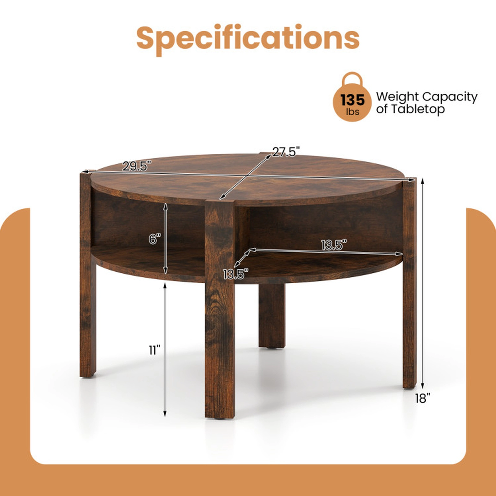 SUGIFT Round 27.5-in Top Side Storage Shelves Wood Coffee Table 29.5-in x 18-in 135-lb Capacity Rustic Brown