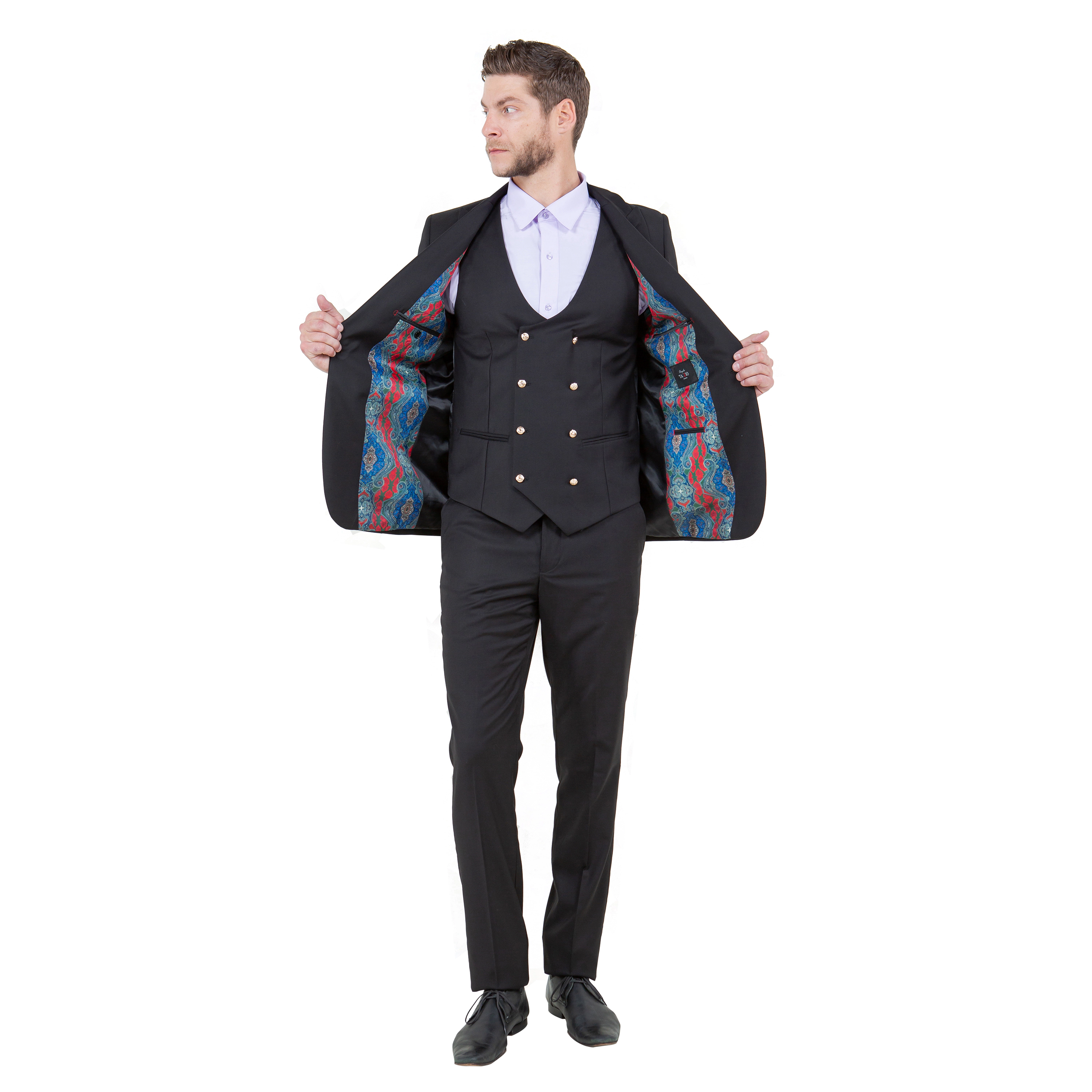 Tazzio Men's Skinny Fit 3-Piece Suit Set, Gold Button Details