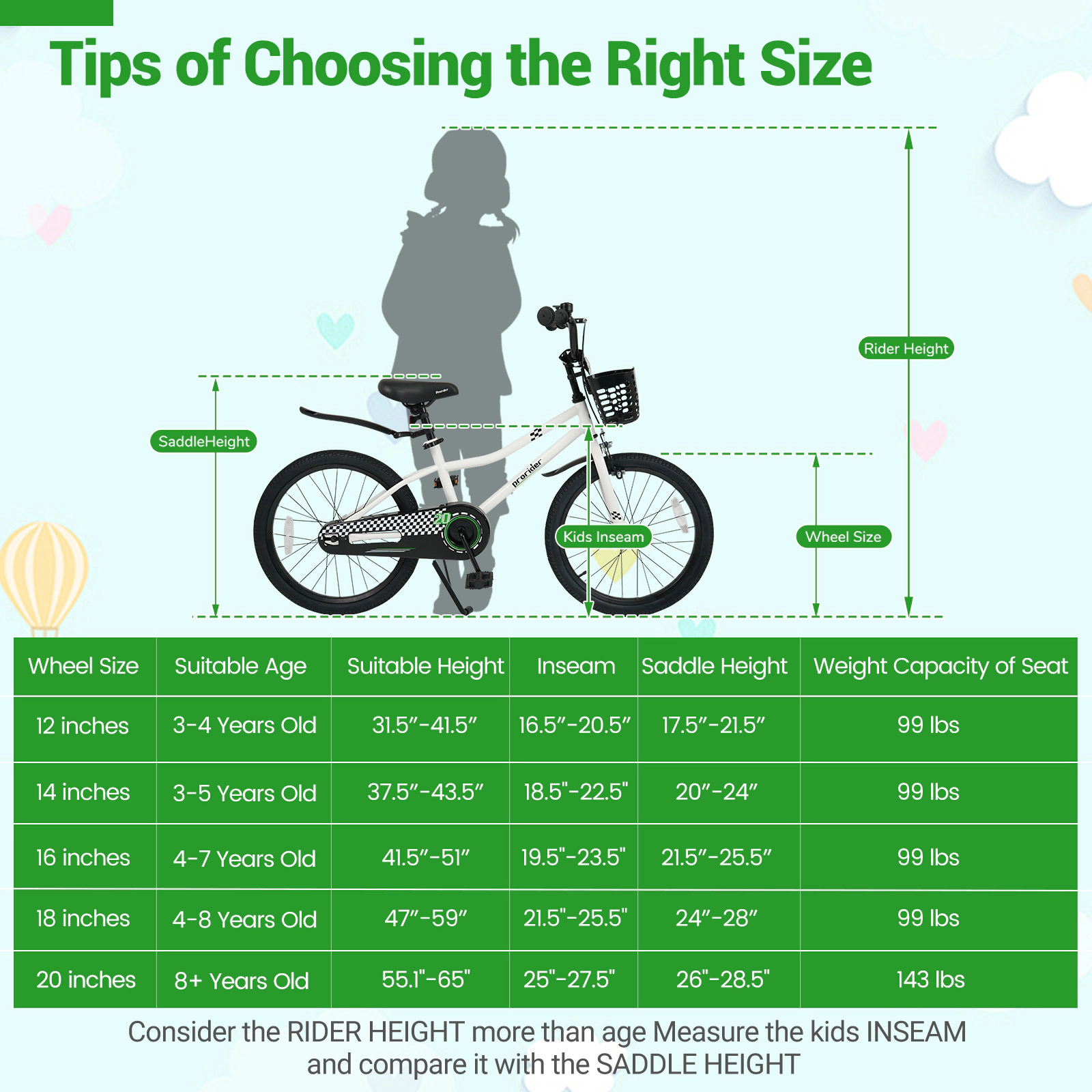 SUGIFT Adjustable 20-In Kids Bike with Hand and Coaster Brakes 143-lb Capacity Ages 8+ White with Basket and Kickstand