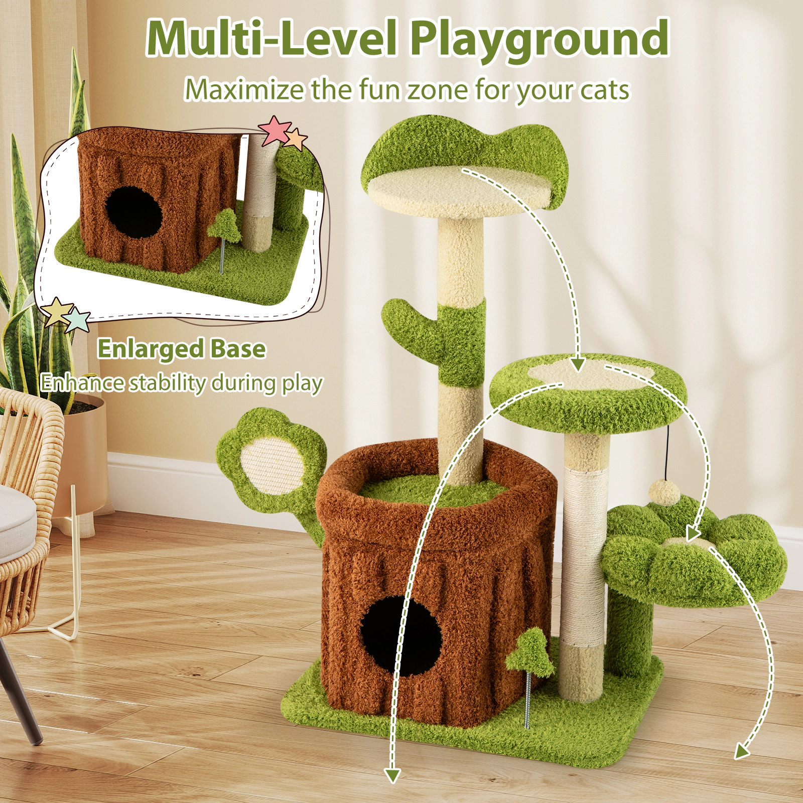SUGIFT Trunk Condo Cat Tree Indoor Pet Jungle Activity Center 36-in Tall Flower Perches 22-lb Capacity Green + Brown