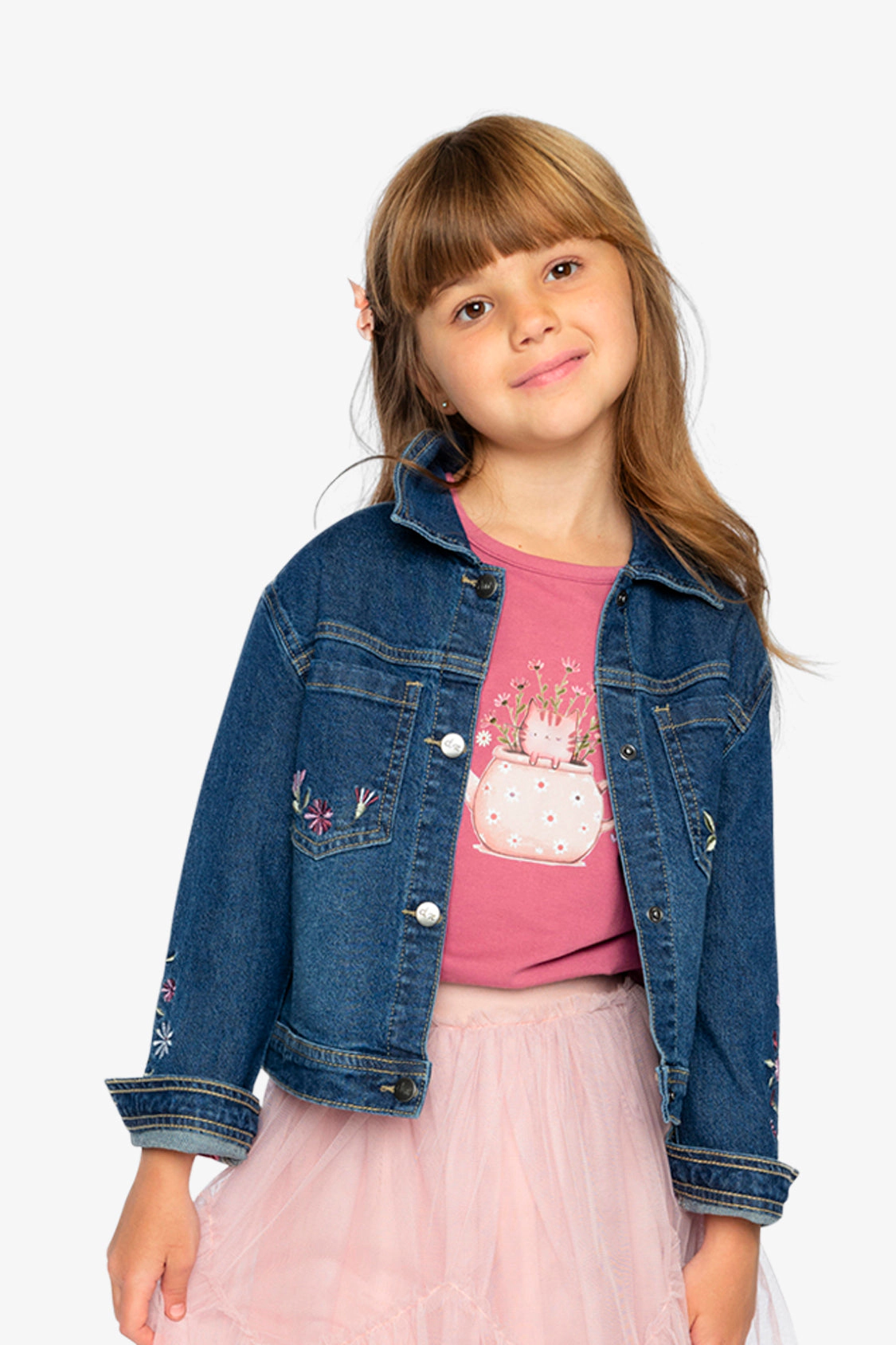 Deux par Girls Flower Embroidered Stretch Denim Jacket