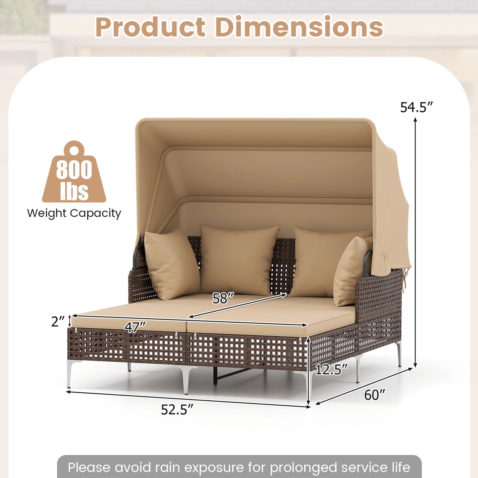 LJG Outdoor Daybed with Retractable Canopy PE Wicker Rattan Patio Lounger