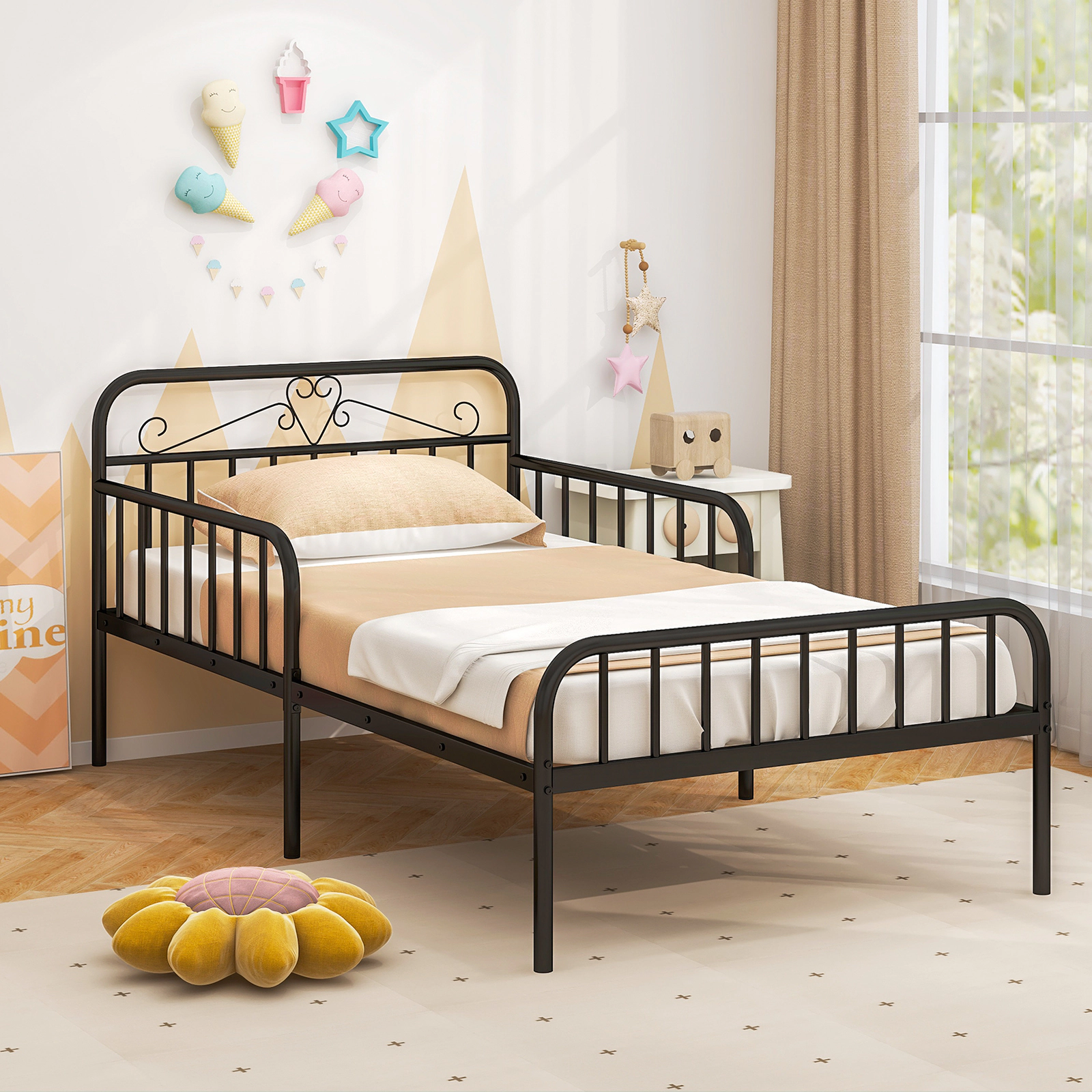 SUGIFT Metal Twin Size Bed Frame with Headboard & Safety Side Guardrails 485-lb Capacity Twin Mattress Compatible Black