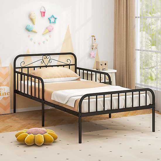 LJG Twin Size Bed Frame with Headboard and Safety Side Guardrails