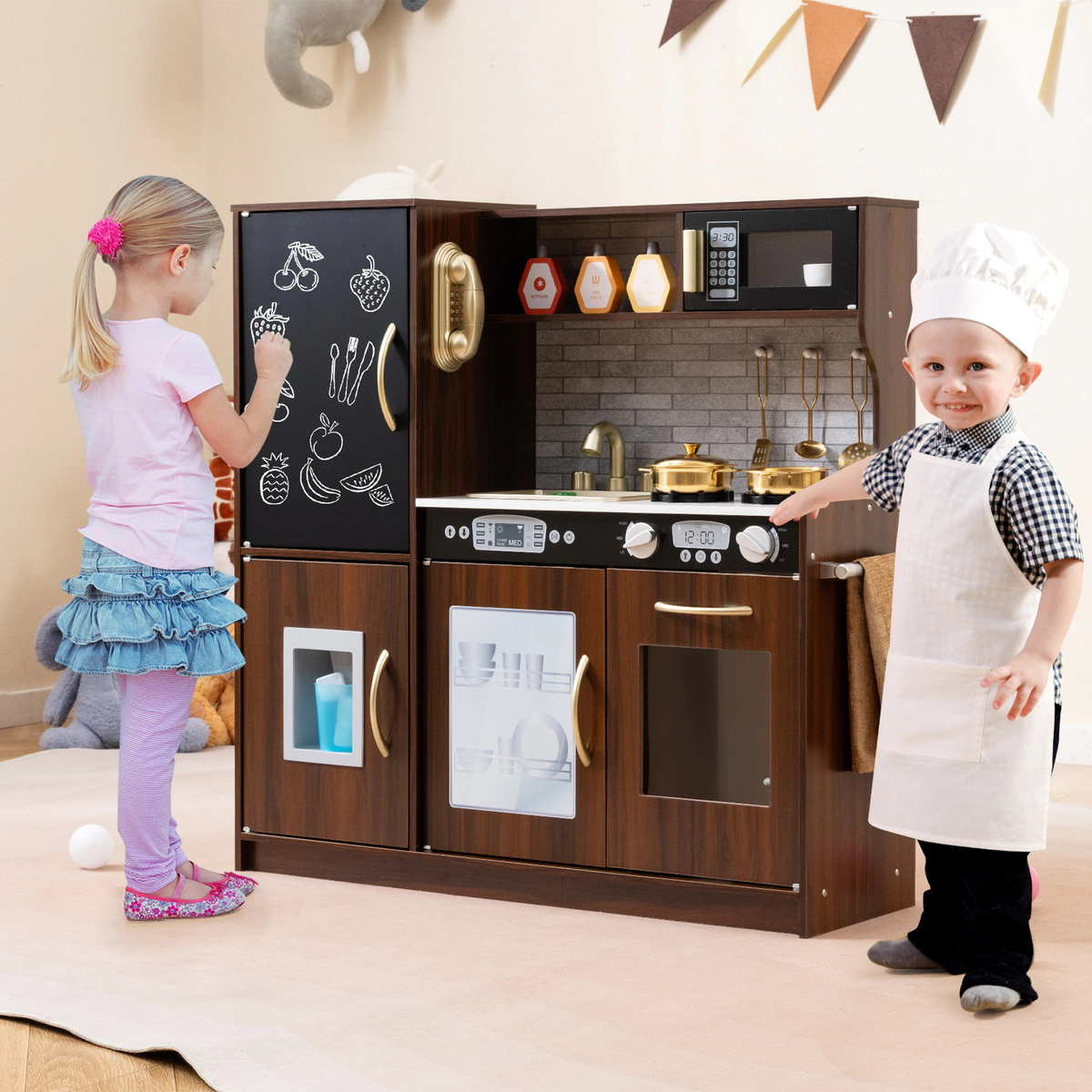 SUGIFT Toddler Pretend Play Kitchen with Sink Stoves Blackboard and Storage 32-in Frame Ages 3-6 Years Brown MDF
