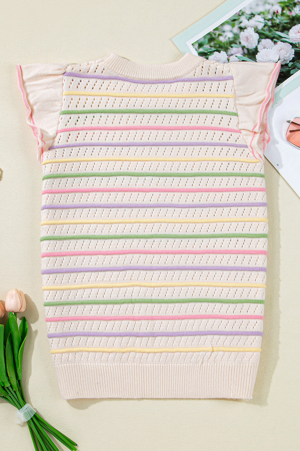 Threaded Pear Women's Annalise Striped Eyelet Ruffled Sleeve Sweater