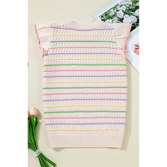 Threaded Pear Women's Annalise Striped Eyelet Ruffled Sleeve Sweater