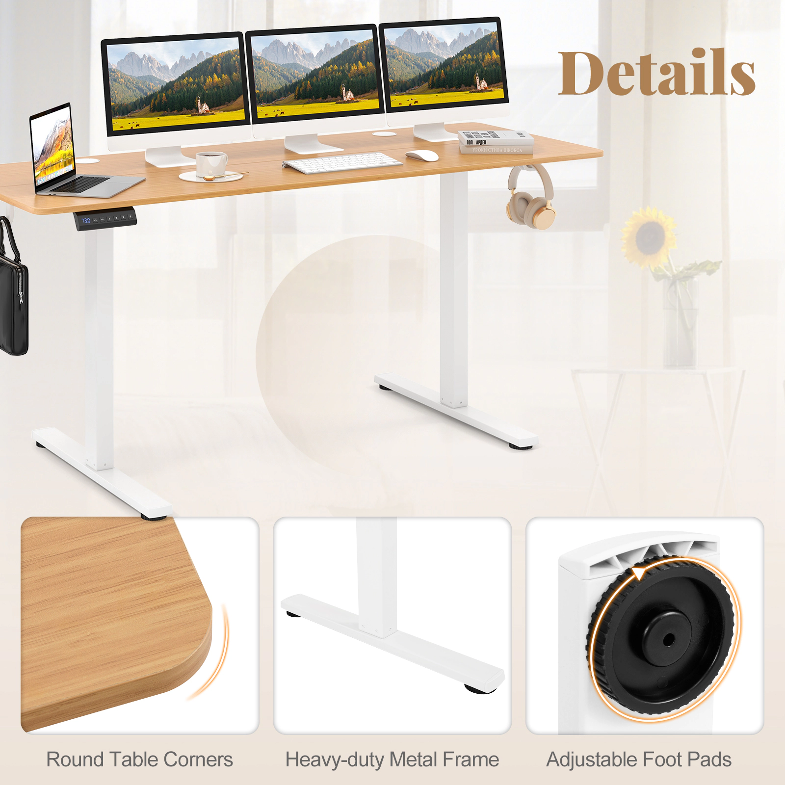 SUGIFT 63 in x 24 in Natural Electric Standing Gaming Desk with Hooks