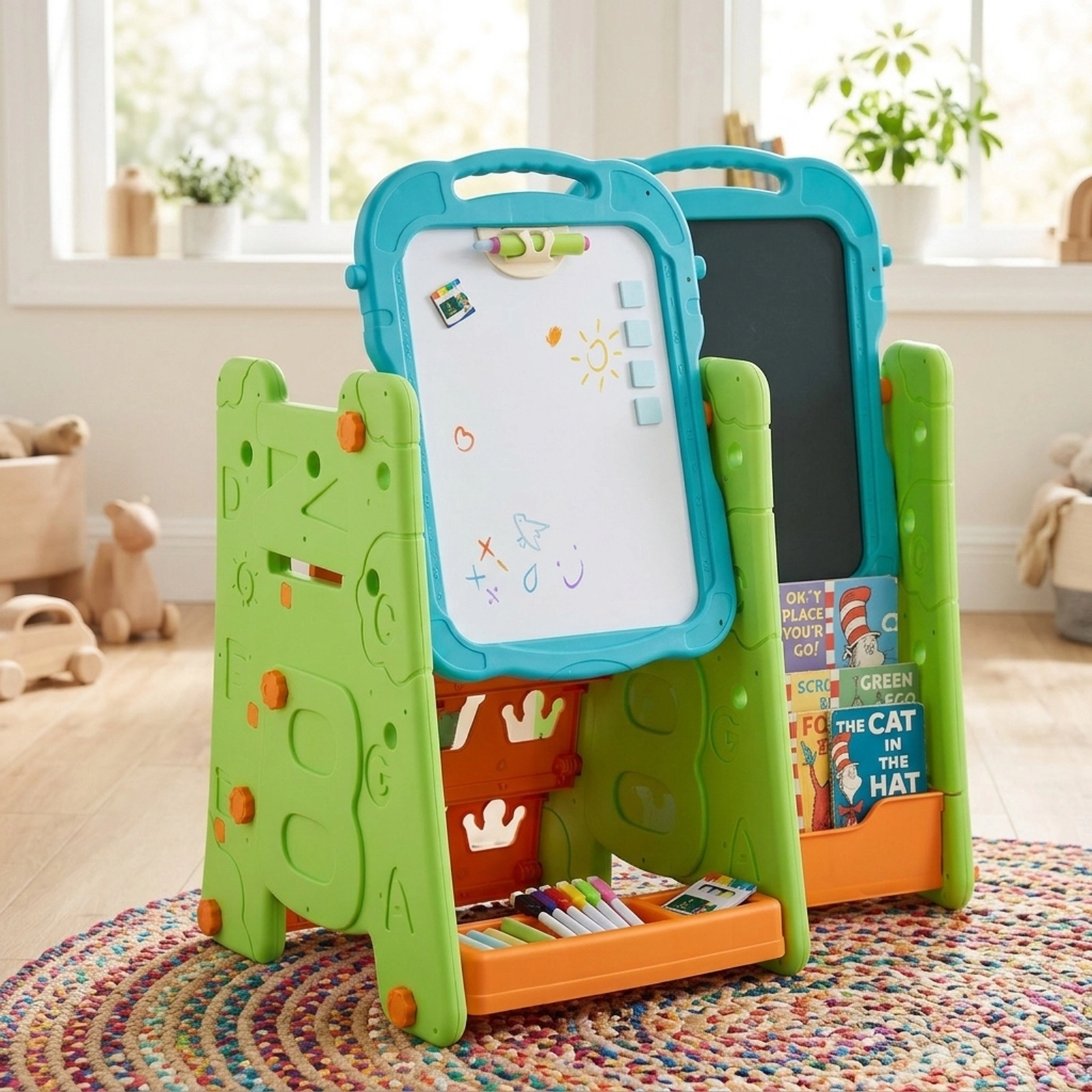 4-in-1 Kids Art Easel 3-Tier Bookshelf Double-Sided Magnetic Whiteboard Blackboard Adjustable Angle Carry Handle